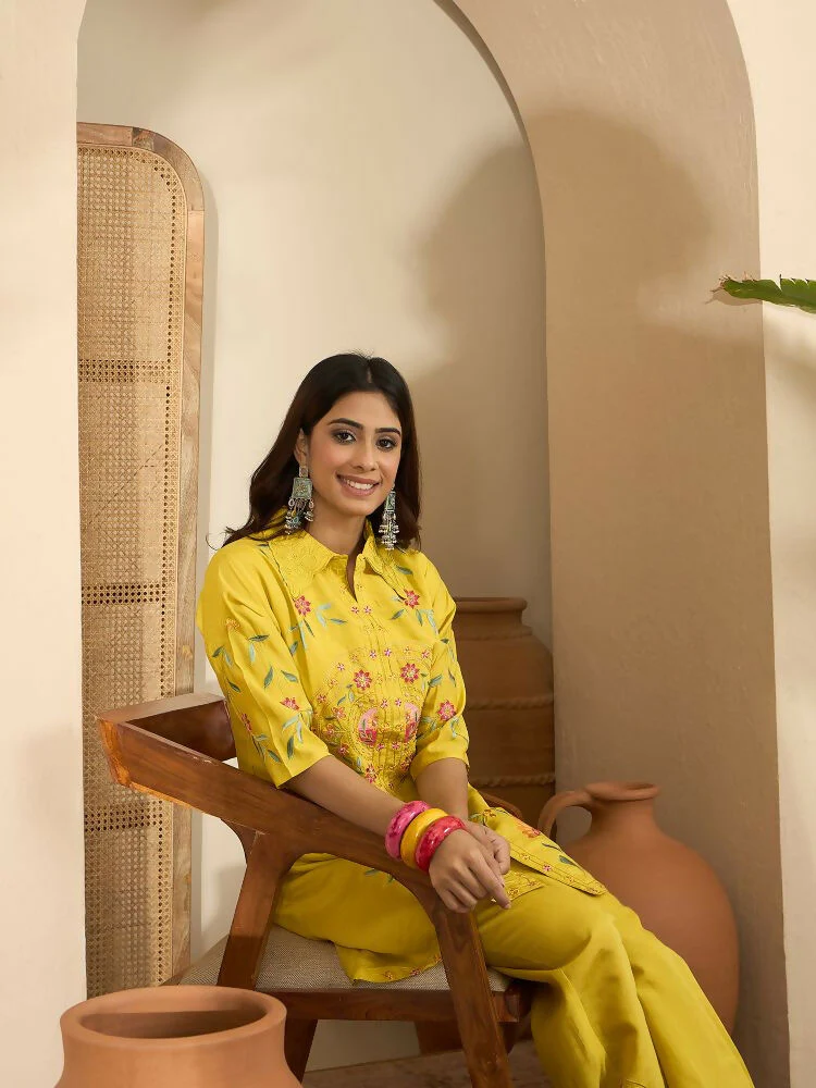 Joban Fashion Women Yellow Roman Silk Embroidered Stitched Kurta Set - Image 4