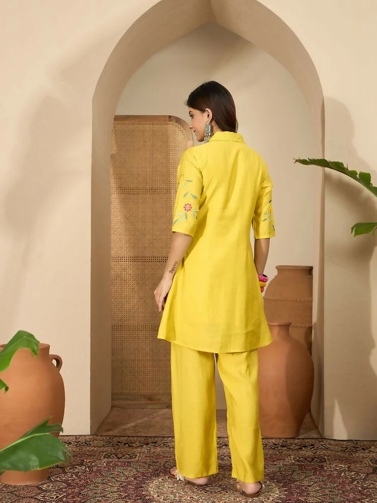 Joban Fashion Women Yellow Roman Silk Embroidered Stitched Kurta Set - Image 7