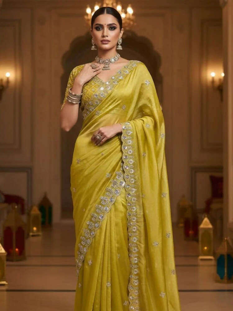Joban Fashion Yellow Fandy Satin Silk Party Wear Sarees