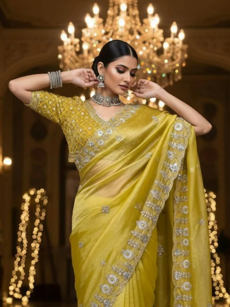Joban Fashion Yellow Fandy Satin Silk Party Wear Sarees - Image 2