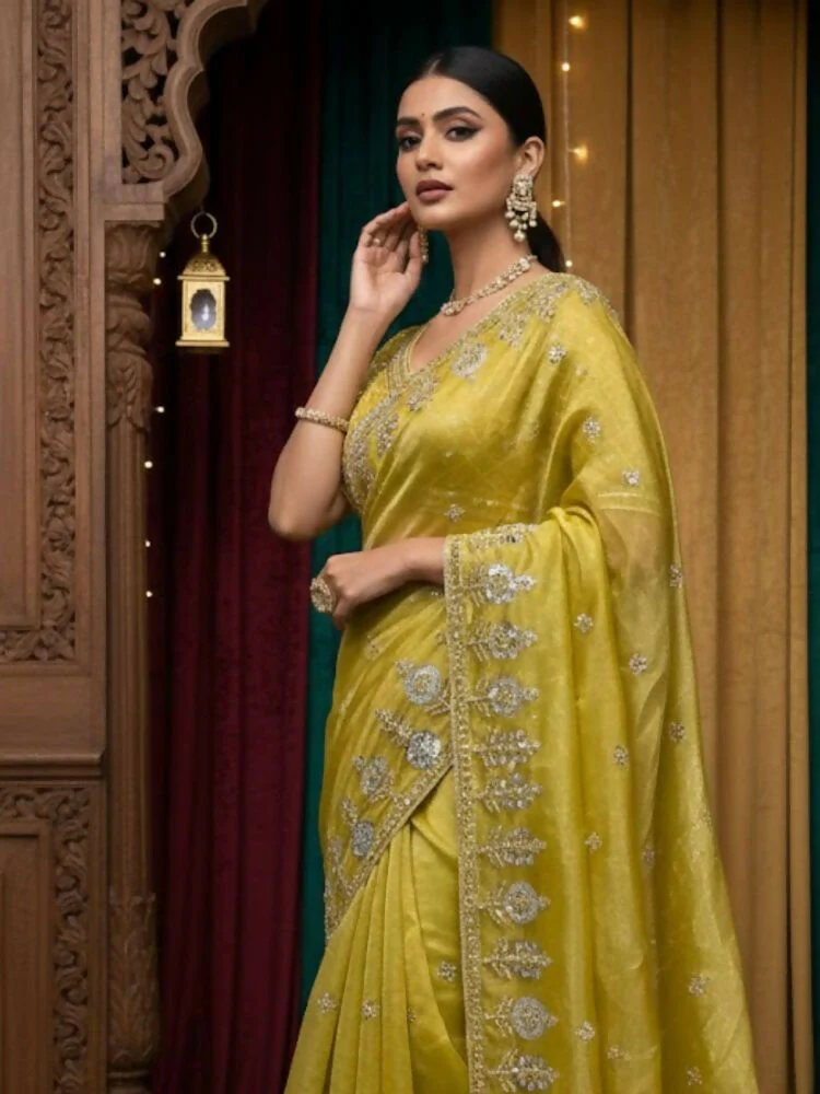 Joban Fashion Yellow Fandy Satin Silk Party Wear Sarees - Image 3
