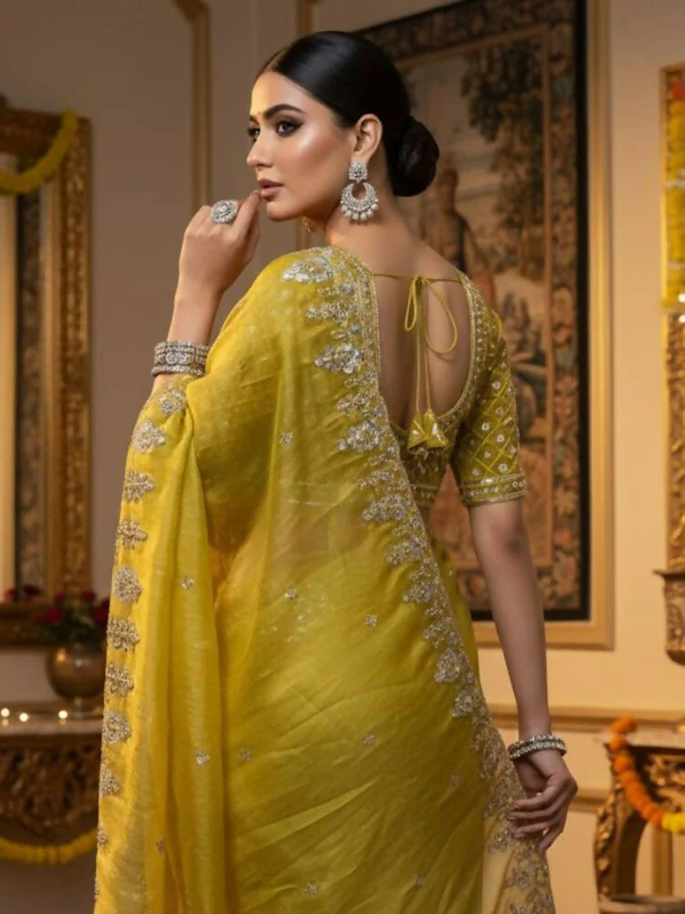 Joban Fashion Yellow Fandy Satin Silk Party Wear Sarees - Image 4
