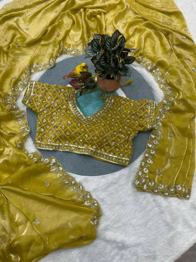Joban Fashion Yellow Fandy Satin Silk Party Wear Sarees - Image 5