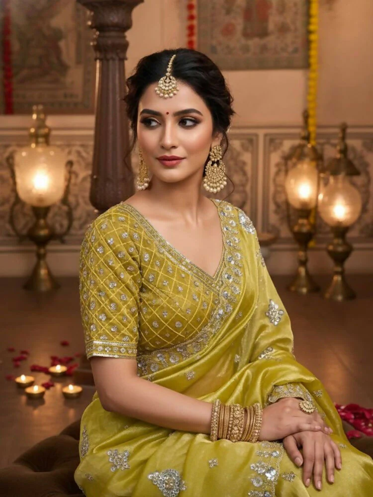 Joban Fashion Yellow Fandy Satin Silk Party Wear Sarees - Image 6