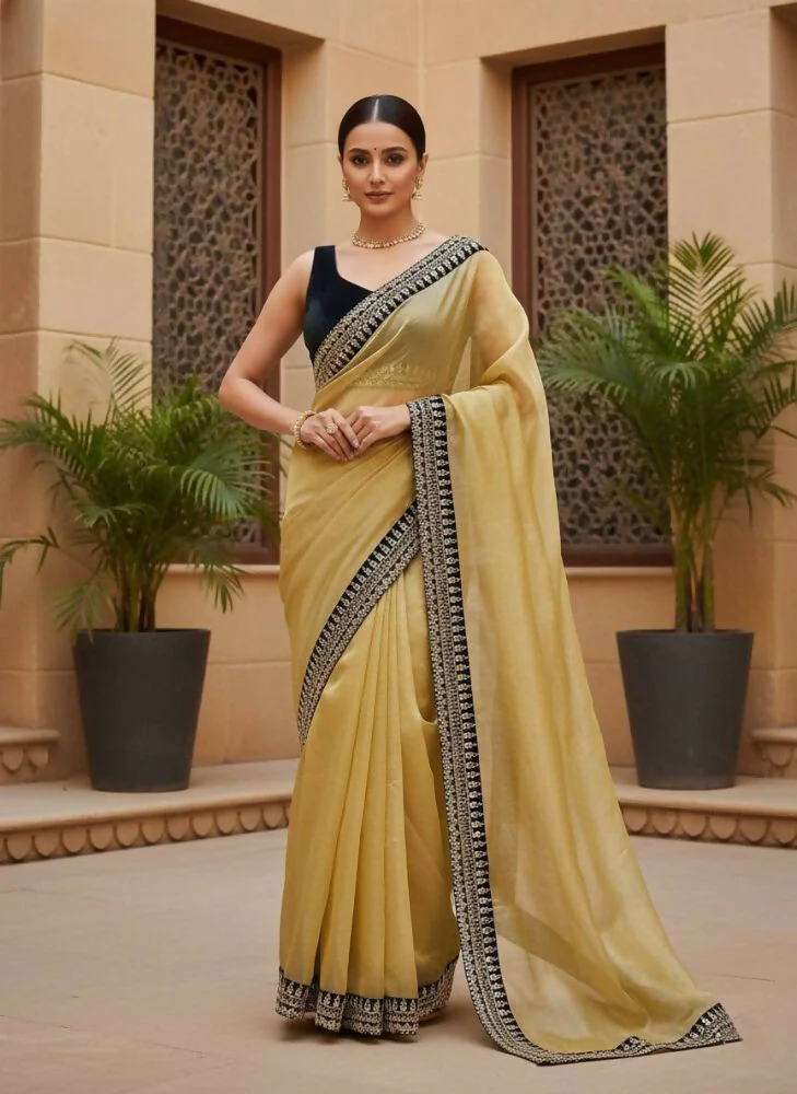 Joban Fashion Yellow Soft twill Net Party Wear Sarees - Image 2