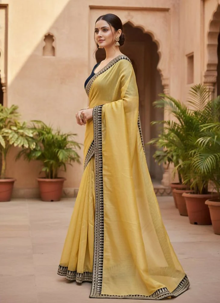 Joban Fashion Yellow Soft twill Net Party Wear Sarees - Image 3