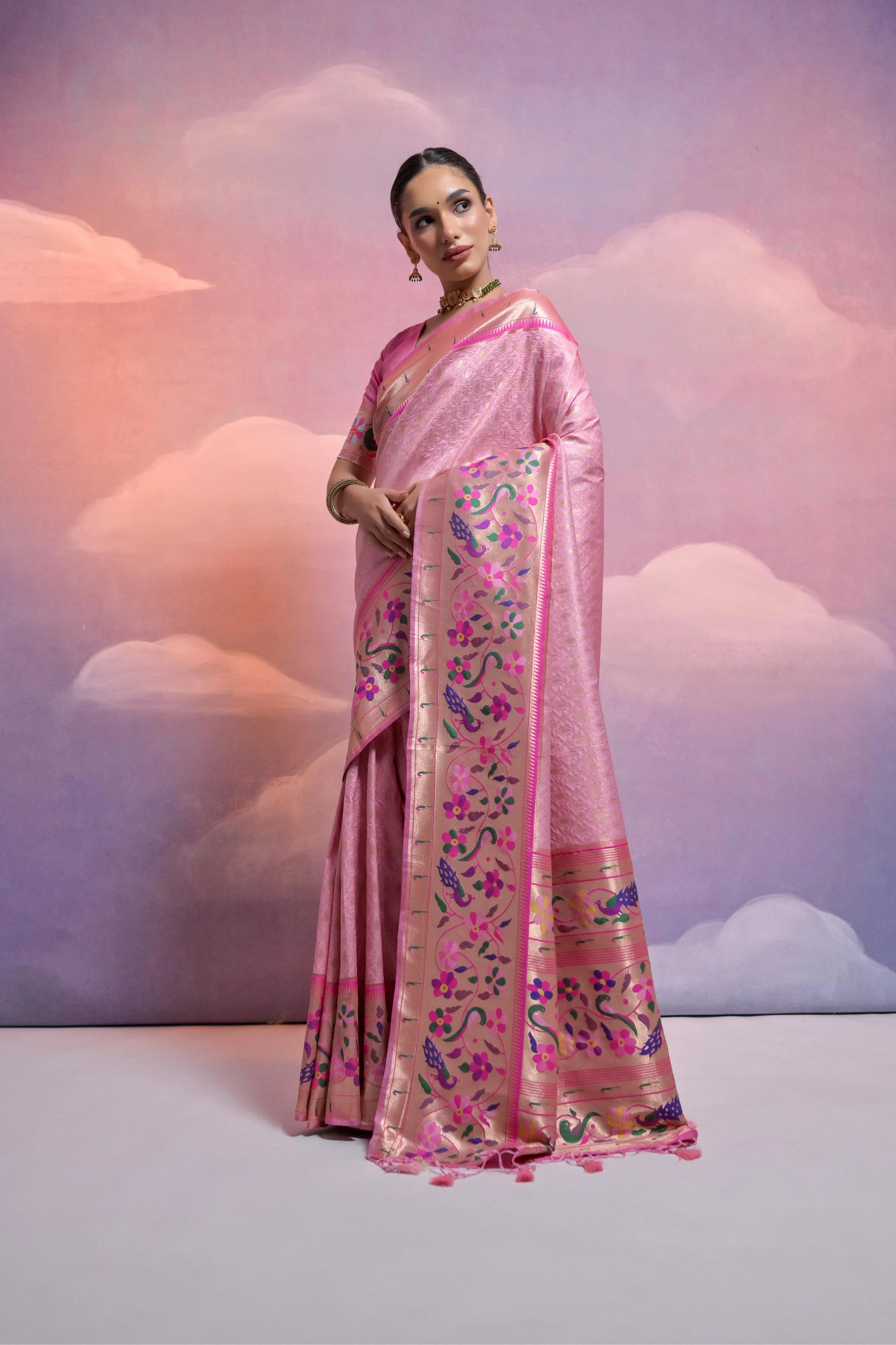 Jyoti Fashion Women's Baby Pink Paithani Silk Zari Woven Saree with Blouse - Image 2