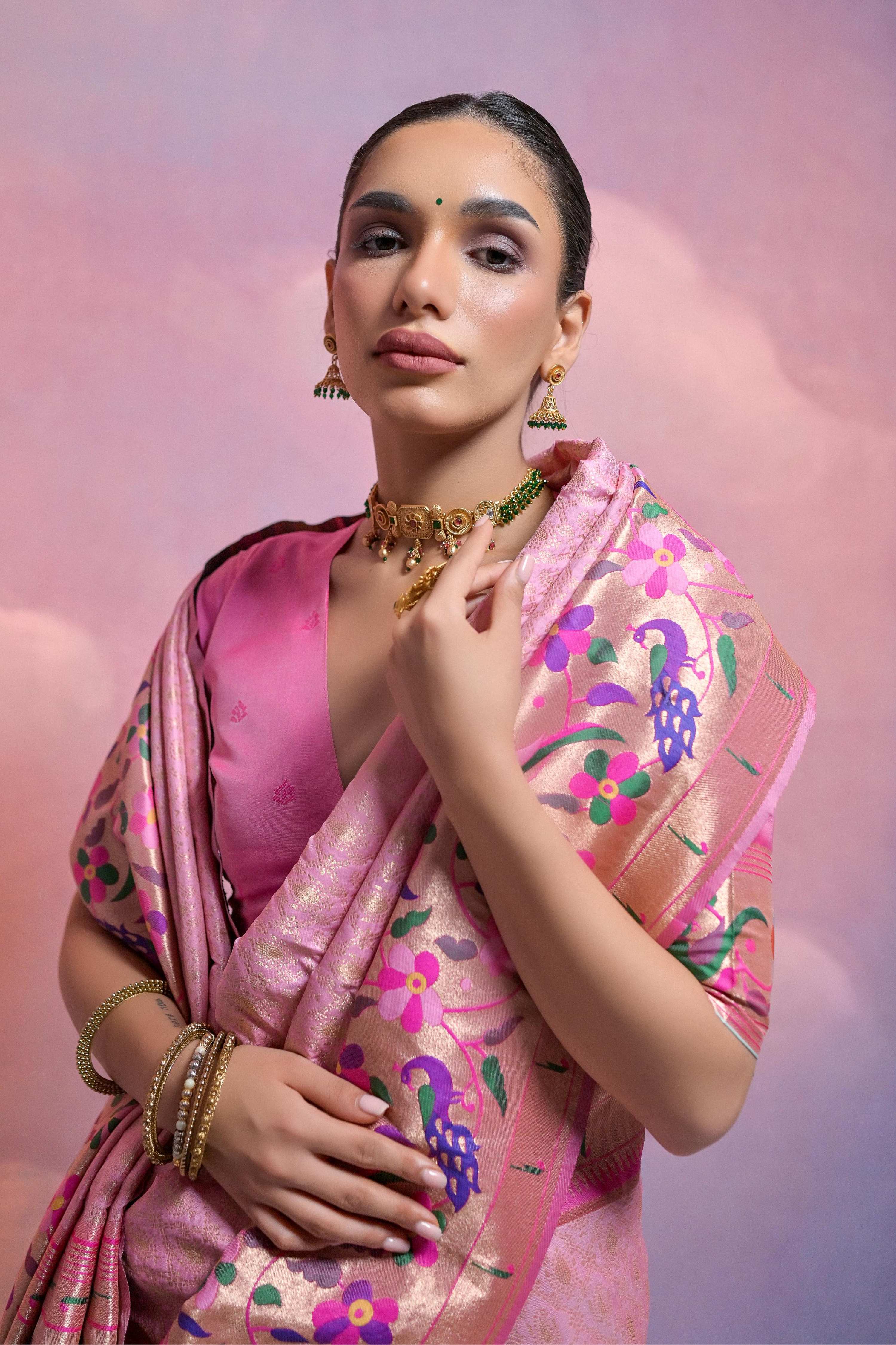Jyoti Fashion Women's Baby Pink Paithani Silk Zari Woven Saree with Blouse - Image 3