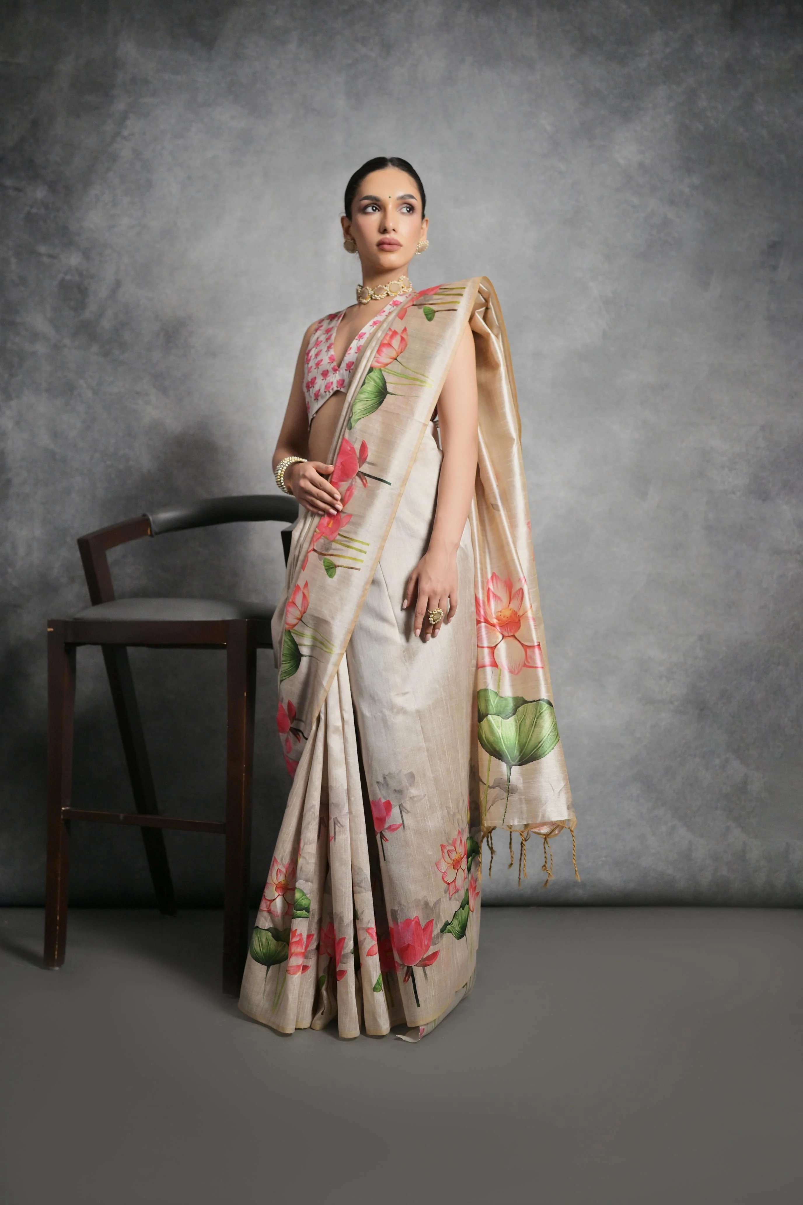 Jyoti Fashion Women's Beige Soft Tussar Silk Floral Printed Saree with Blouse