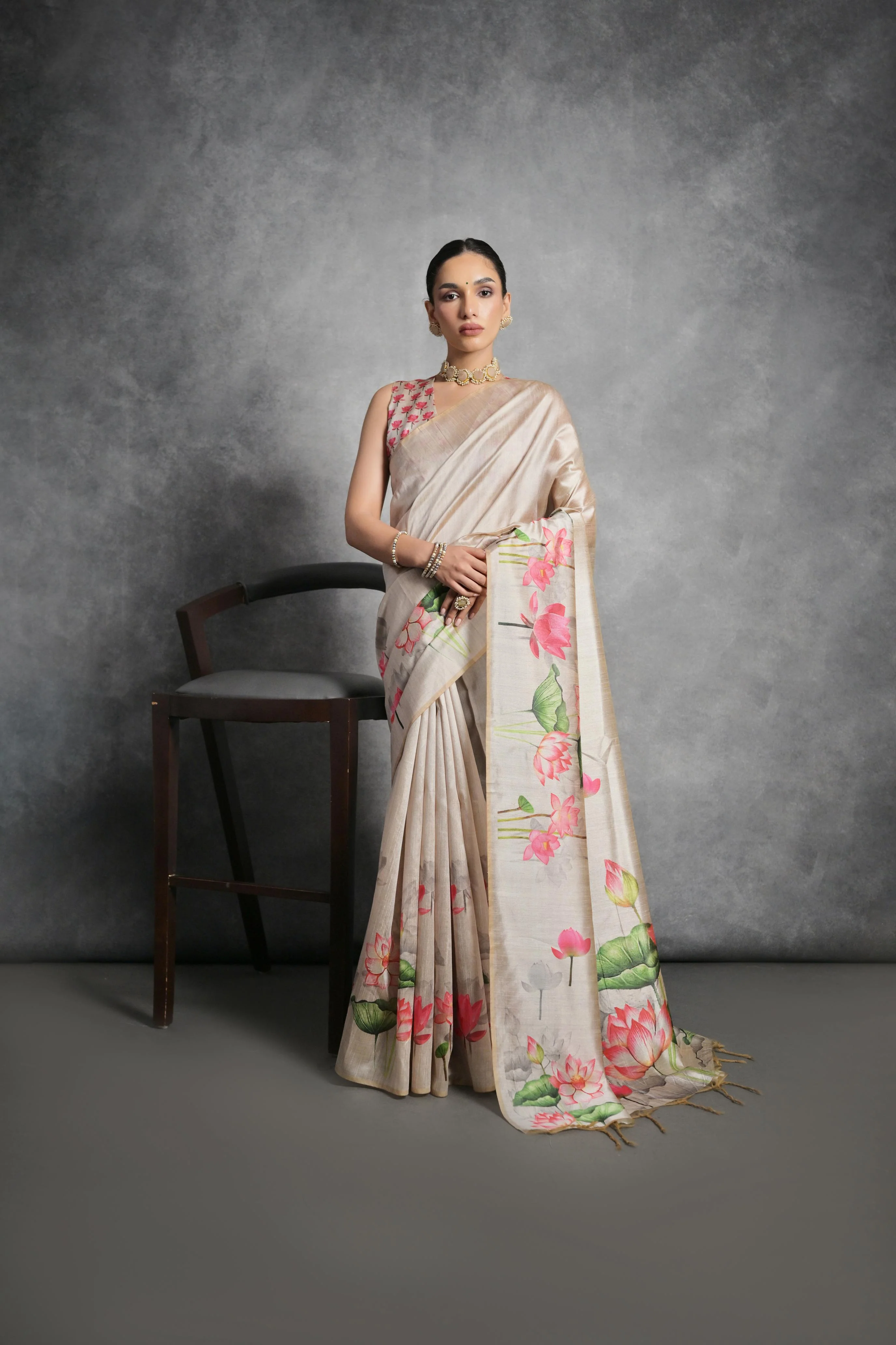 Jyoti Fashion Women's Beige Soft Tussar Silk Floral Printed Saree with Blouse - Image 3