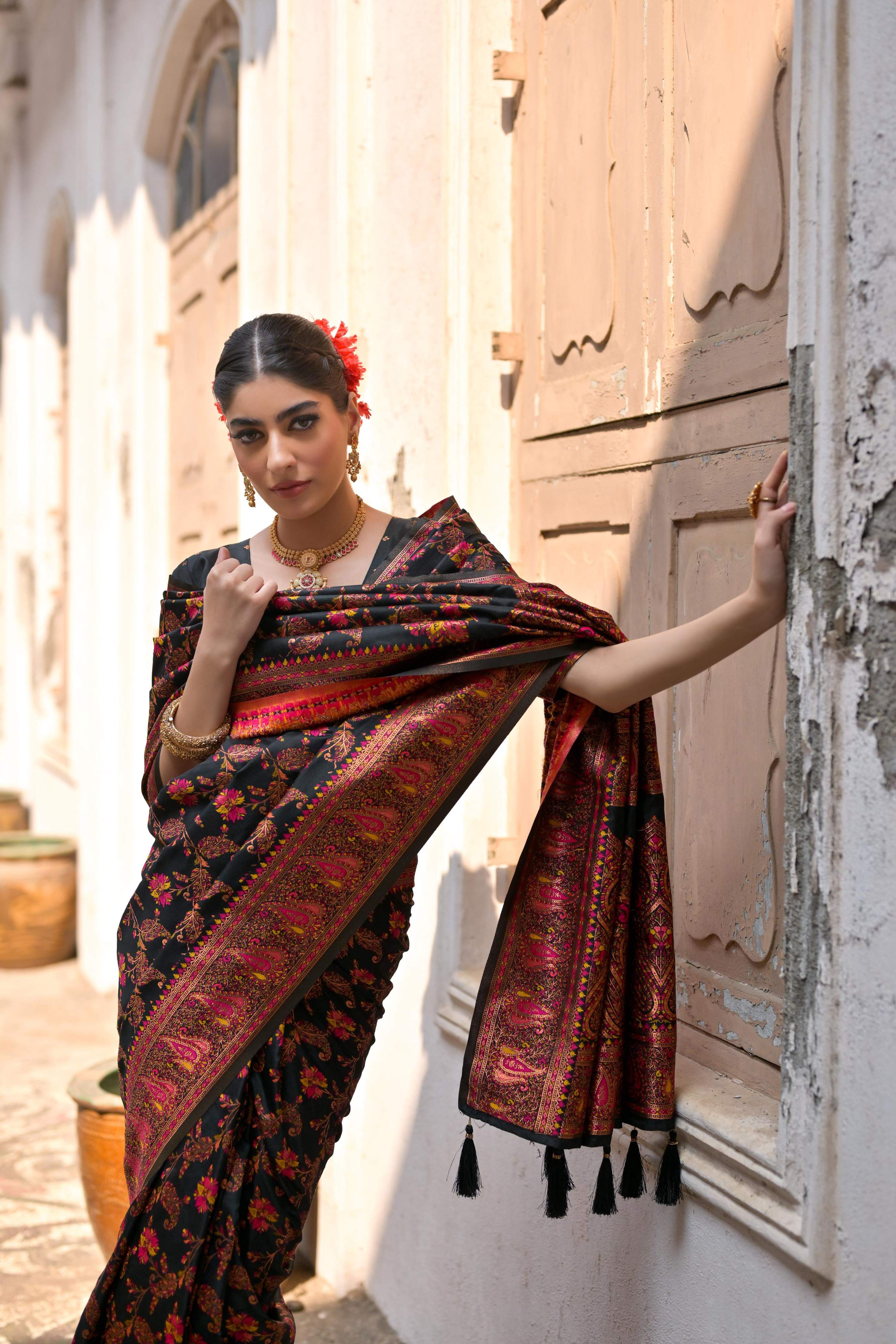 Jyoti Fashion Women's Black Soft Pashmina Silk Meena Zari Woven Saree with Blouse - Image 3
