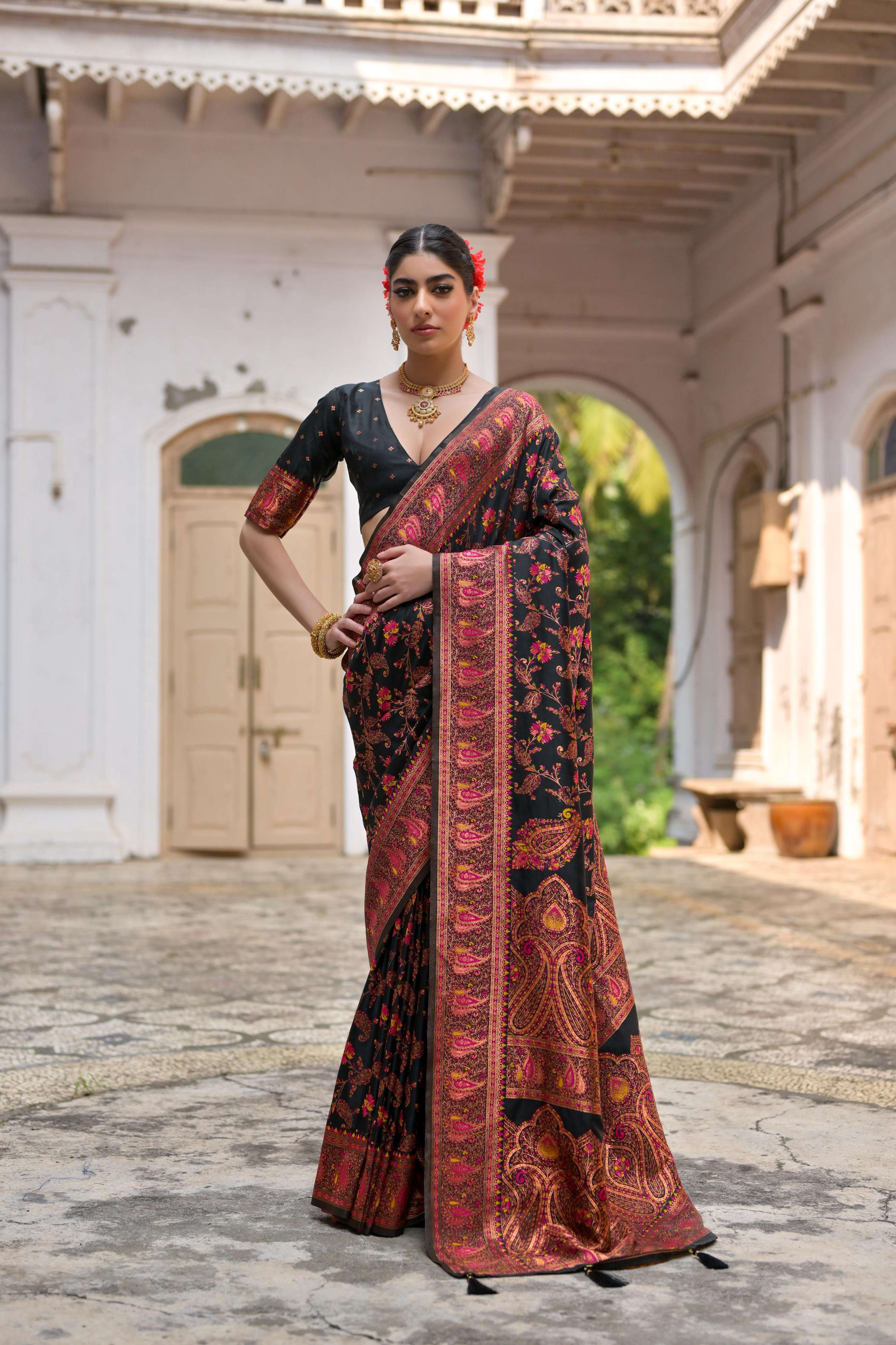 Jyoti Fashion Women's Black Soft Pashmina Silk Meena Zari Woven Saree with Blouse - Image 4