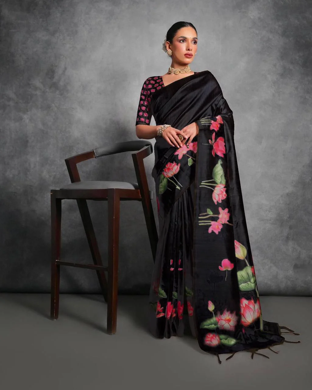 Jyoti Fashion Women's Black Soft Tussar Silk Floral Printed Saree with Blouse