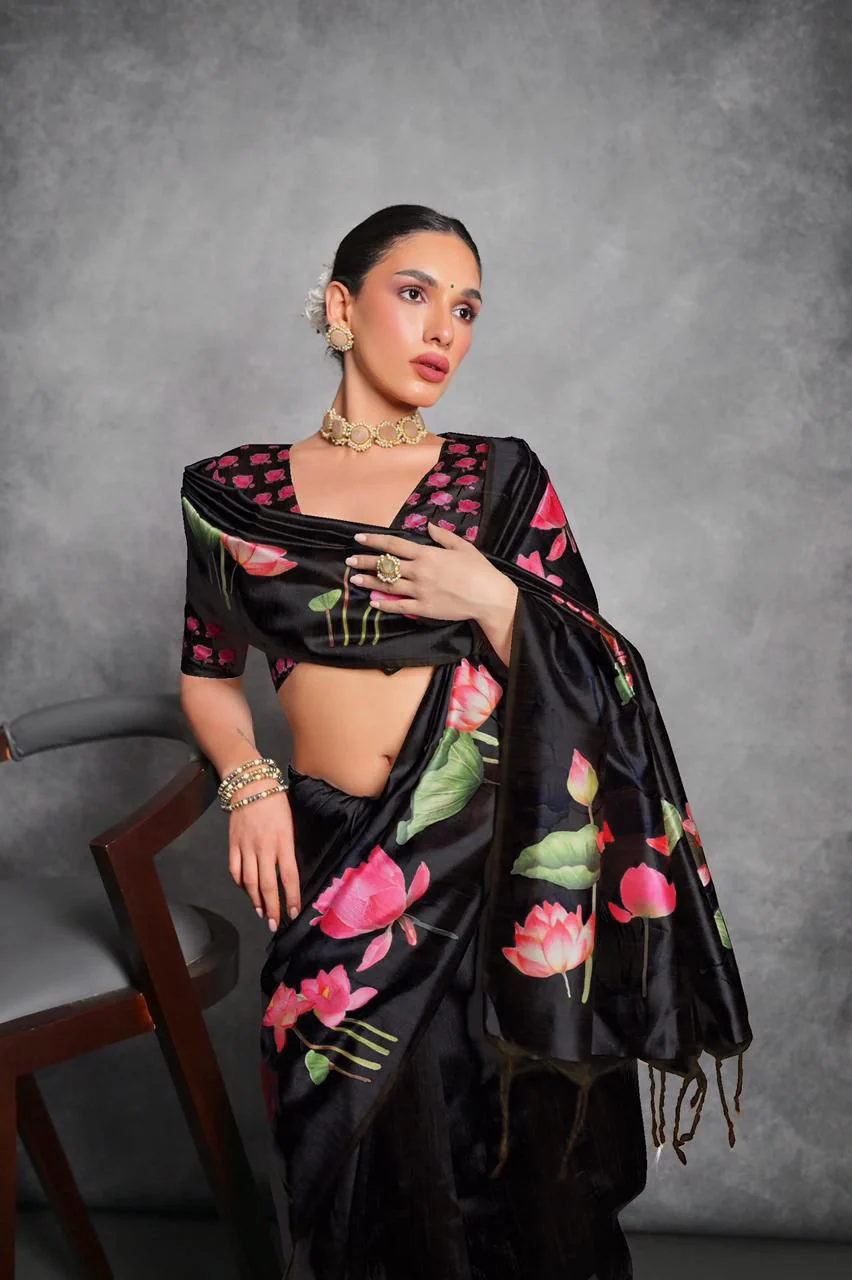 Jyoti Fashion Women's Black Soft Tussar Silk Floral Printed Saree with Blouse - Image 2