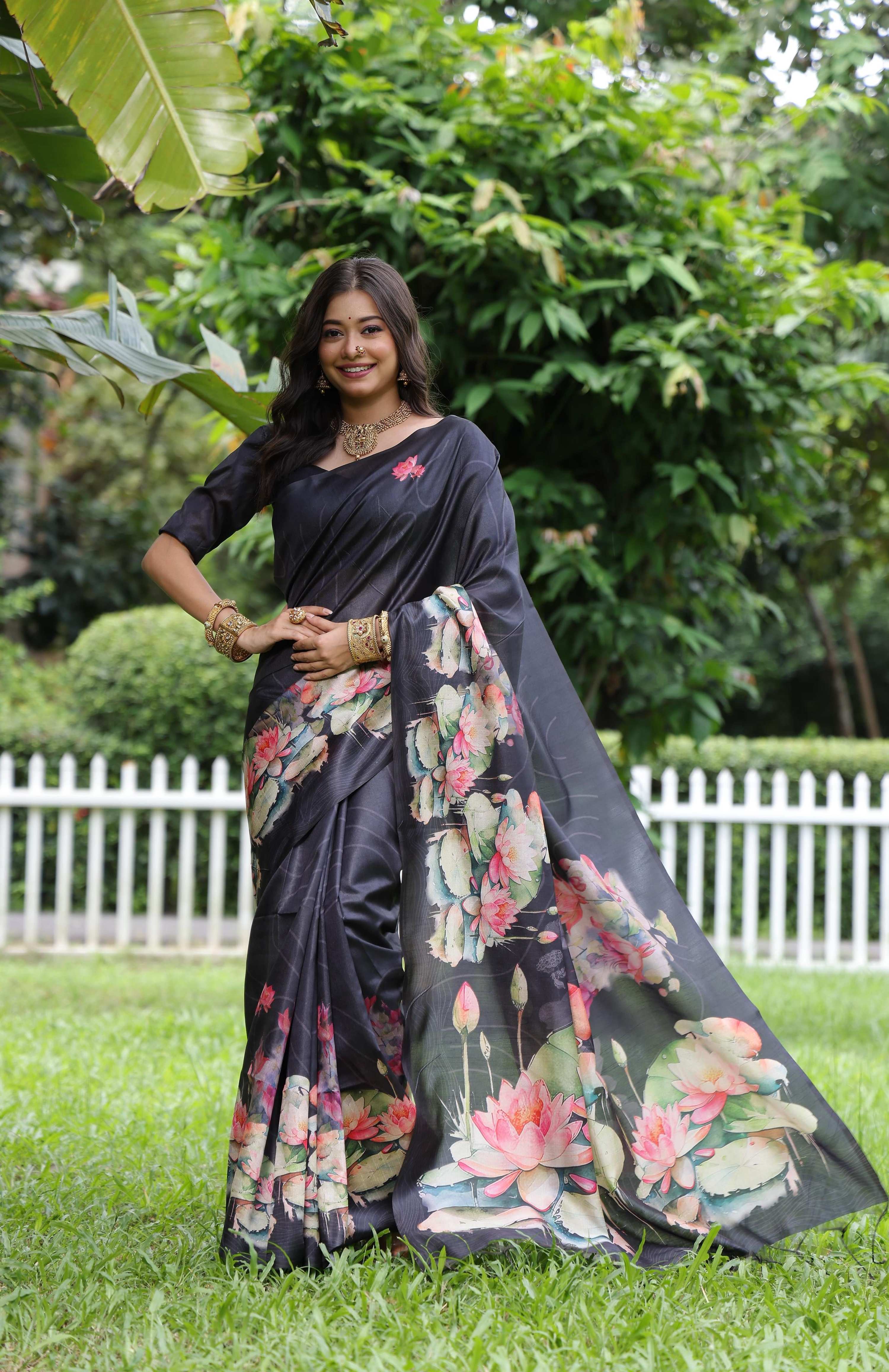 Jyoti Fashion Women's Black Soft Tussar Silk Floral Printed Saree with Blouse