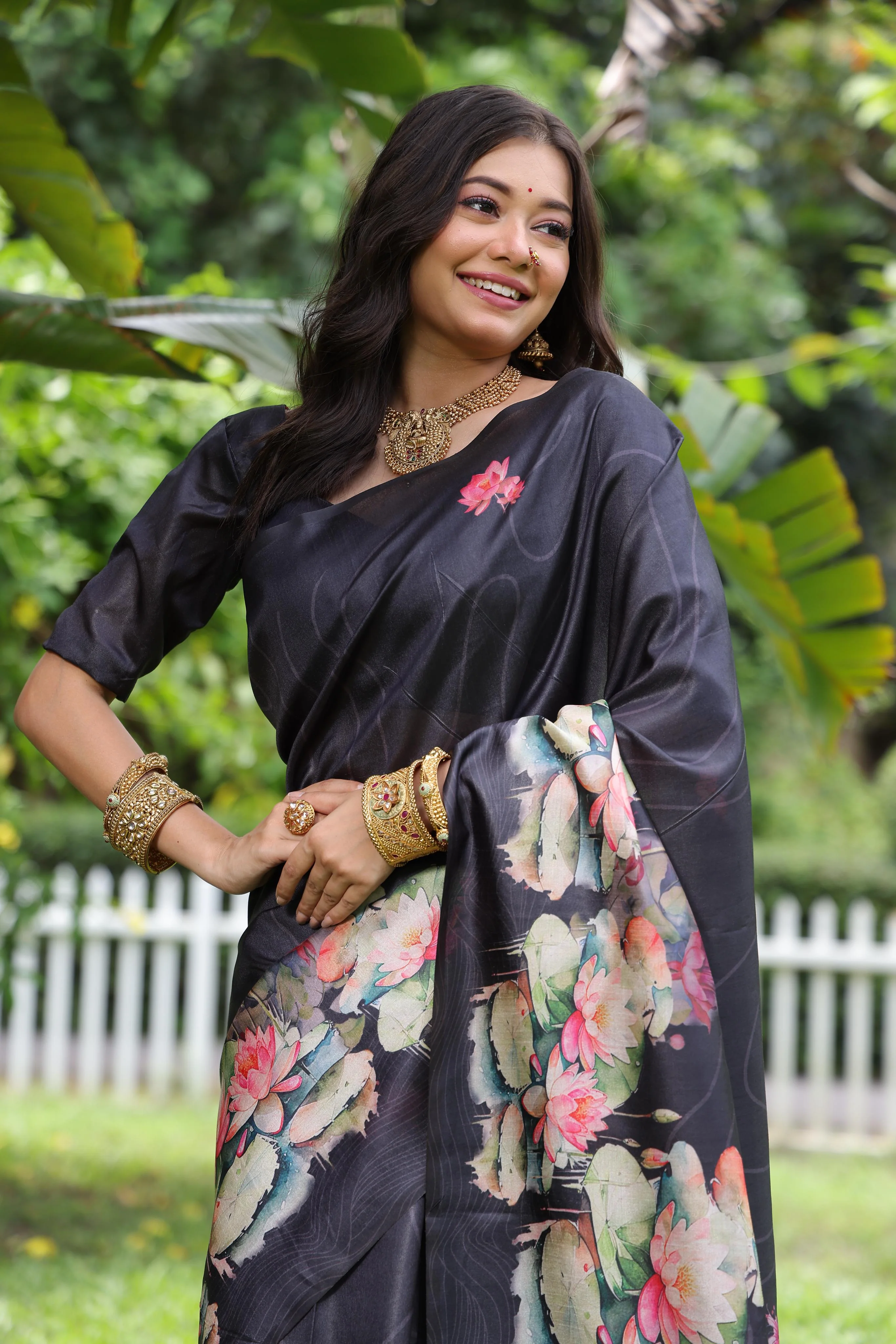 Jyoti Fashion Women's Black Soft Tussar Silk Floral Printed Saree with Blouse - Image 2