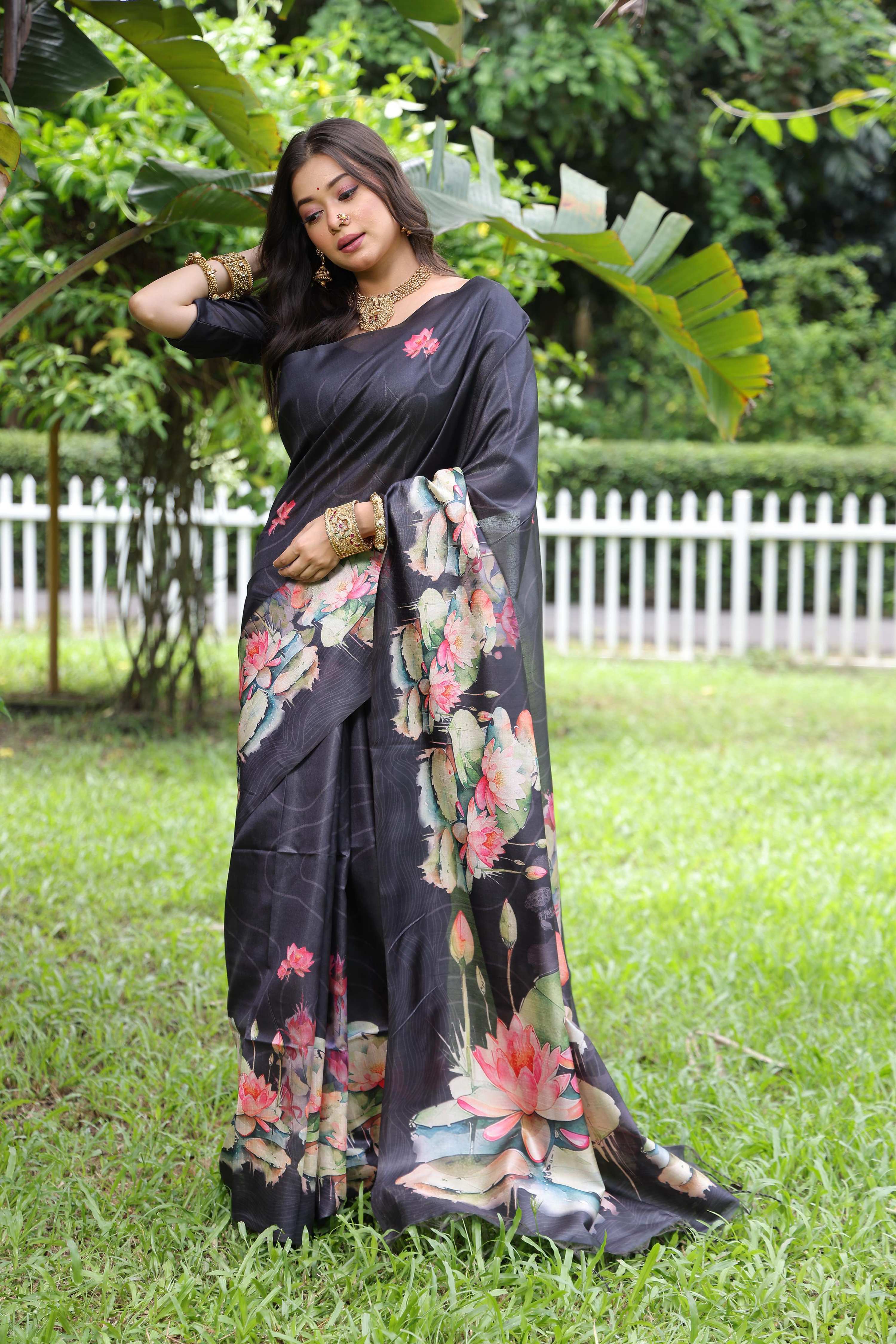Jyoti Fashion Women's Black Soft Tussar Silk Floral Printed Saree with Blouse - Image 3
