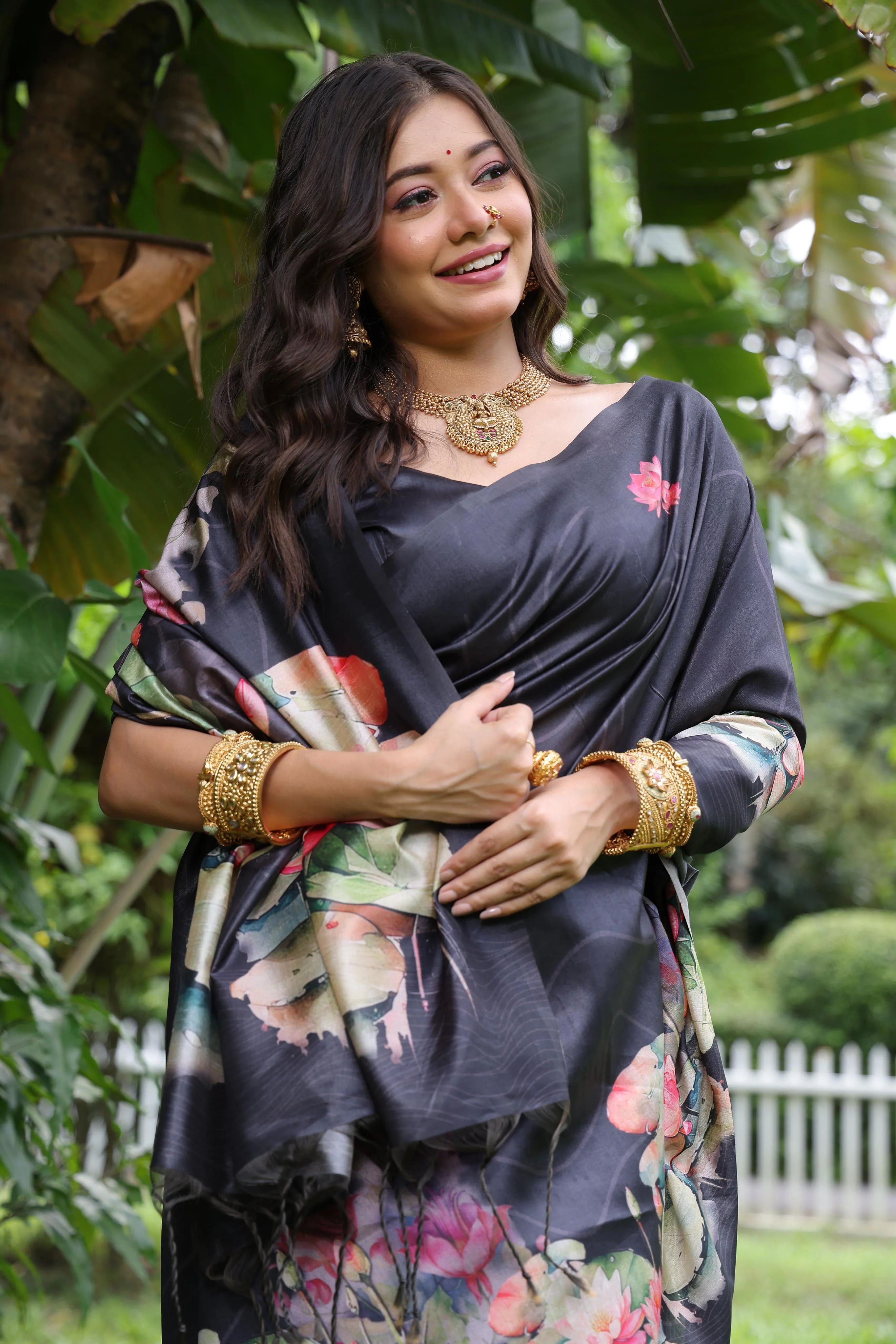 Jyoti Fashion Women's Black Soft Tussar Silk Floral Printed Saree with Blouse - Image 4