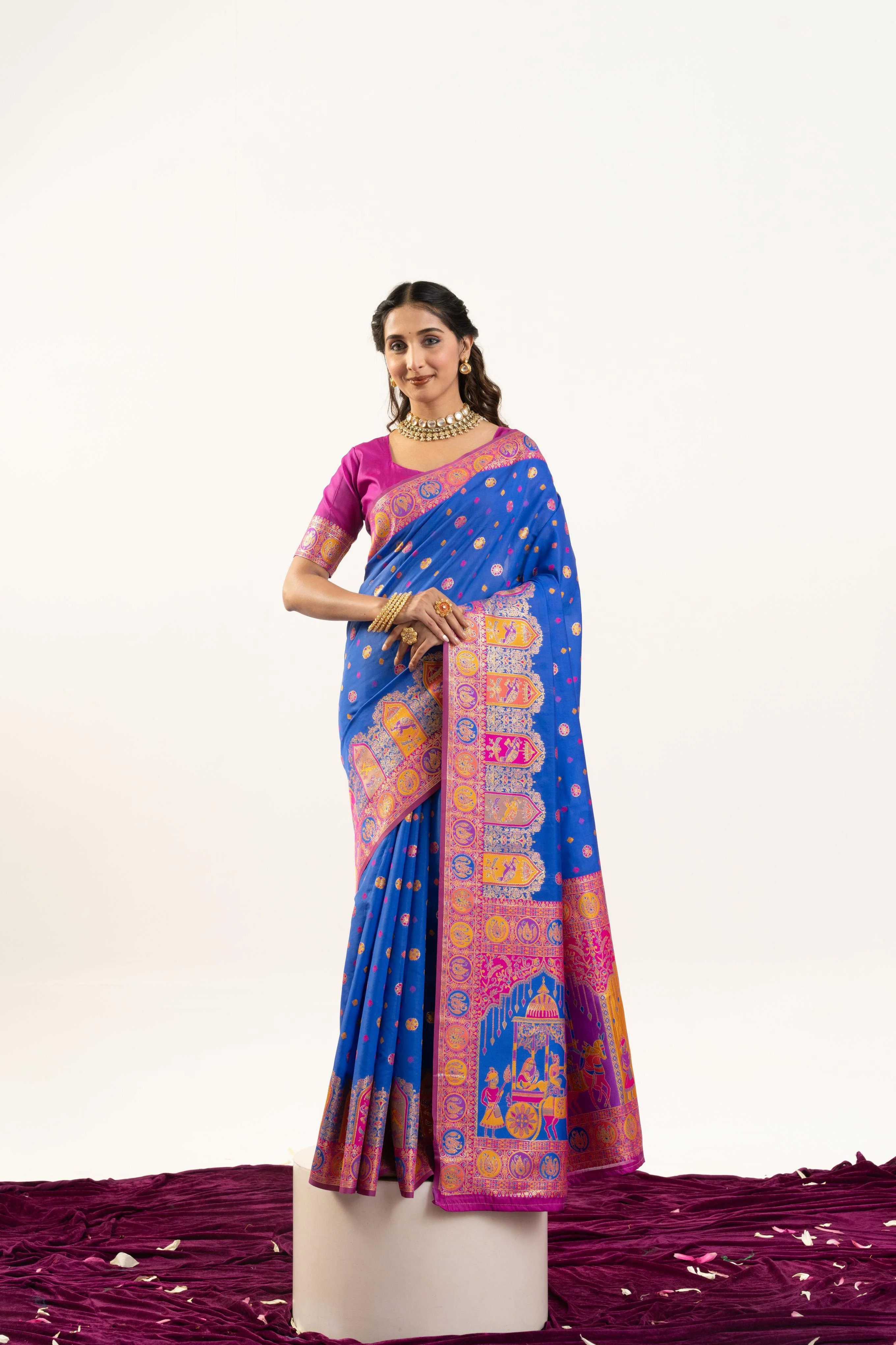 Jyoti Fashion Women's Blue Banarasi Pashmina Soft Silk Zari Woven Saree with Blouse