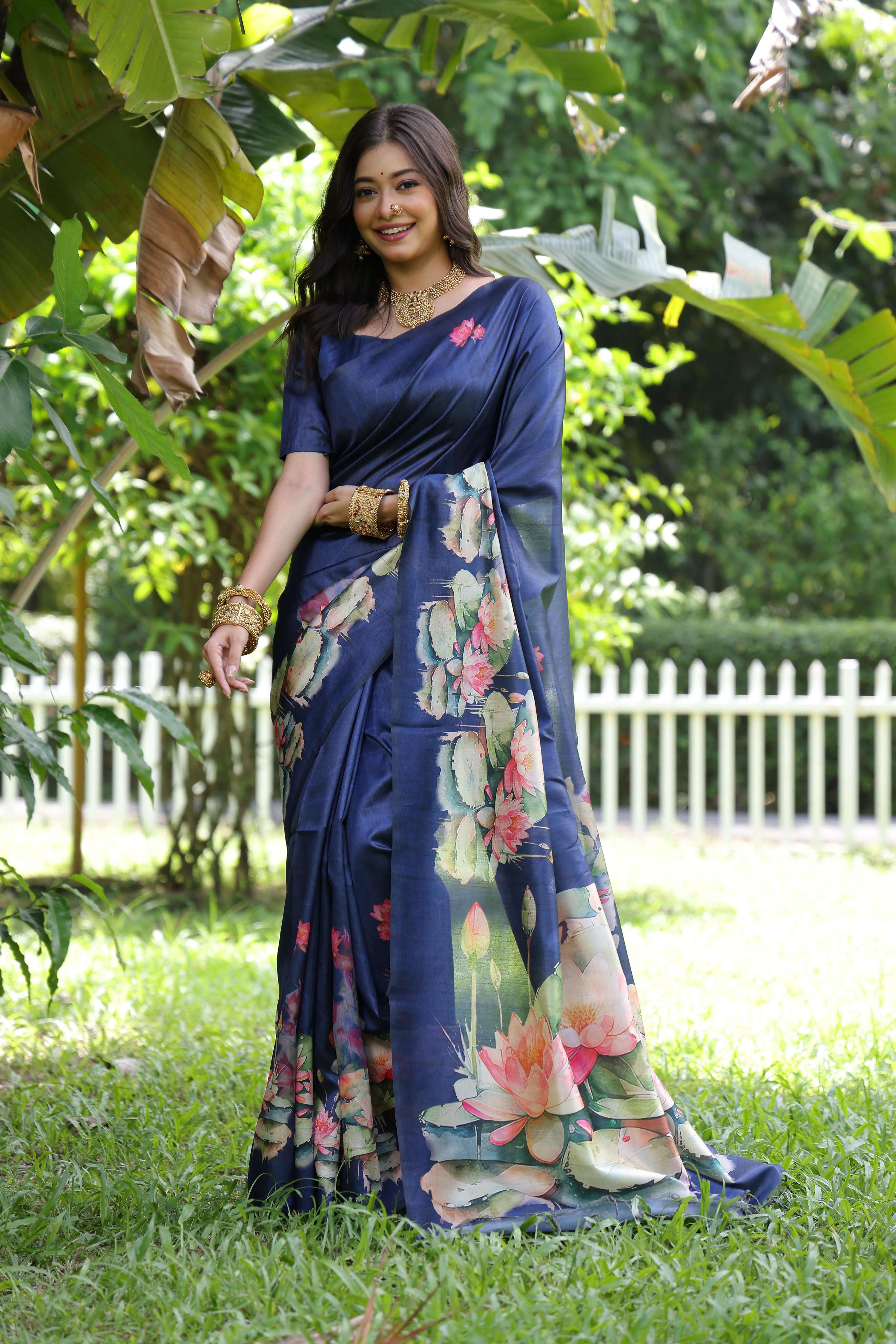 Jyoti Fashion Women's Blue Soft Tussar Silk Floral Printed Saree with Blouse - Image 2