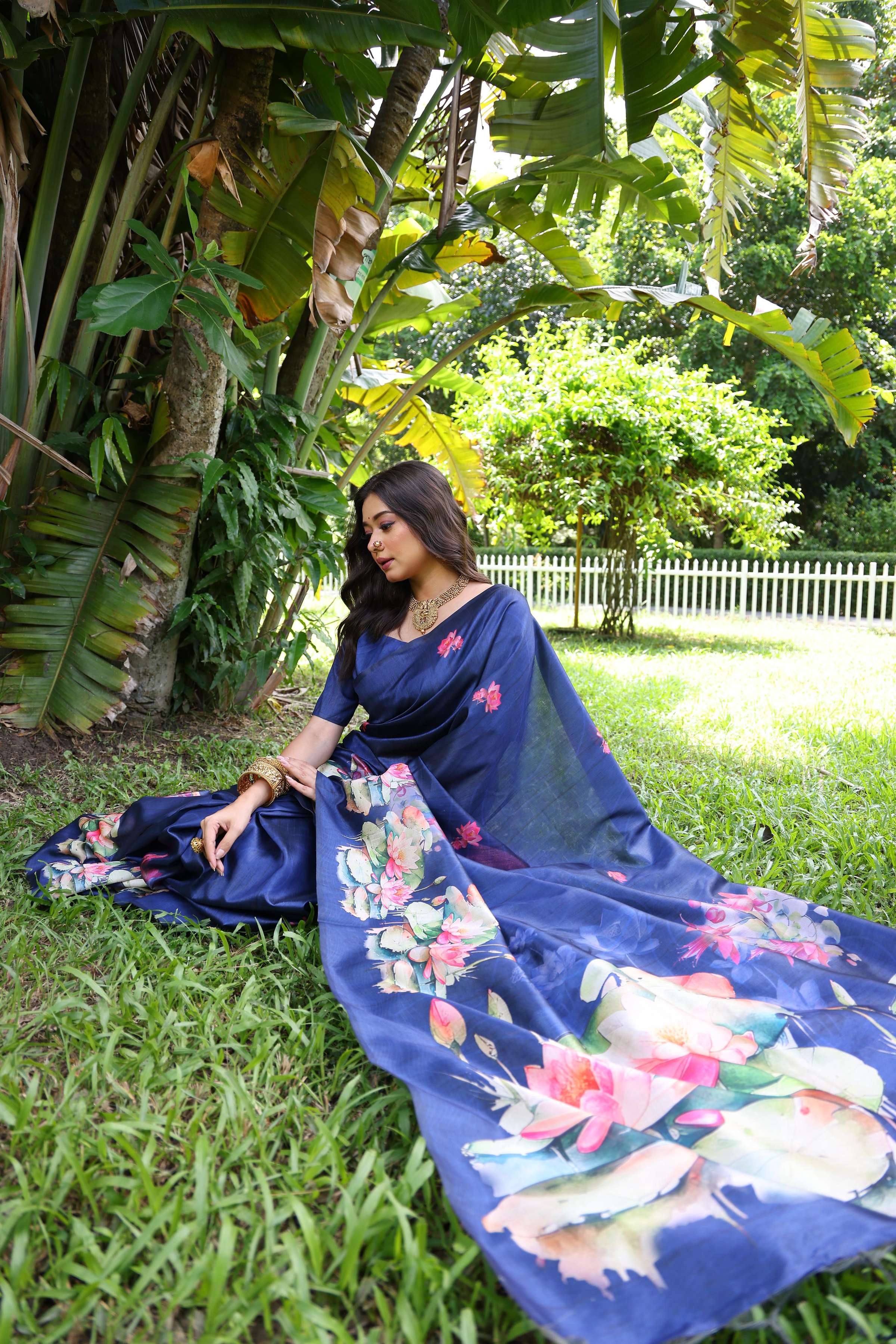 Jyoti Fashion Women's Blue Soft Tussar Silk Floral Printed Saree with Blouse - Image 3