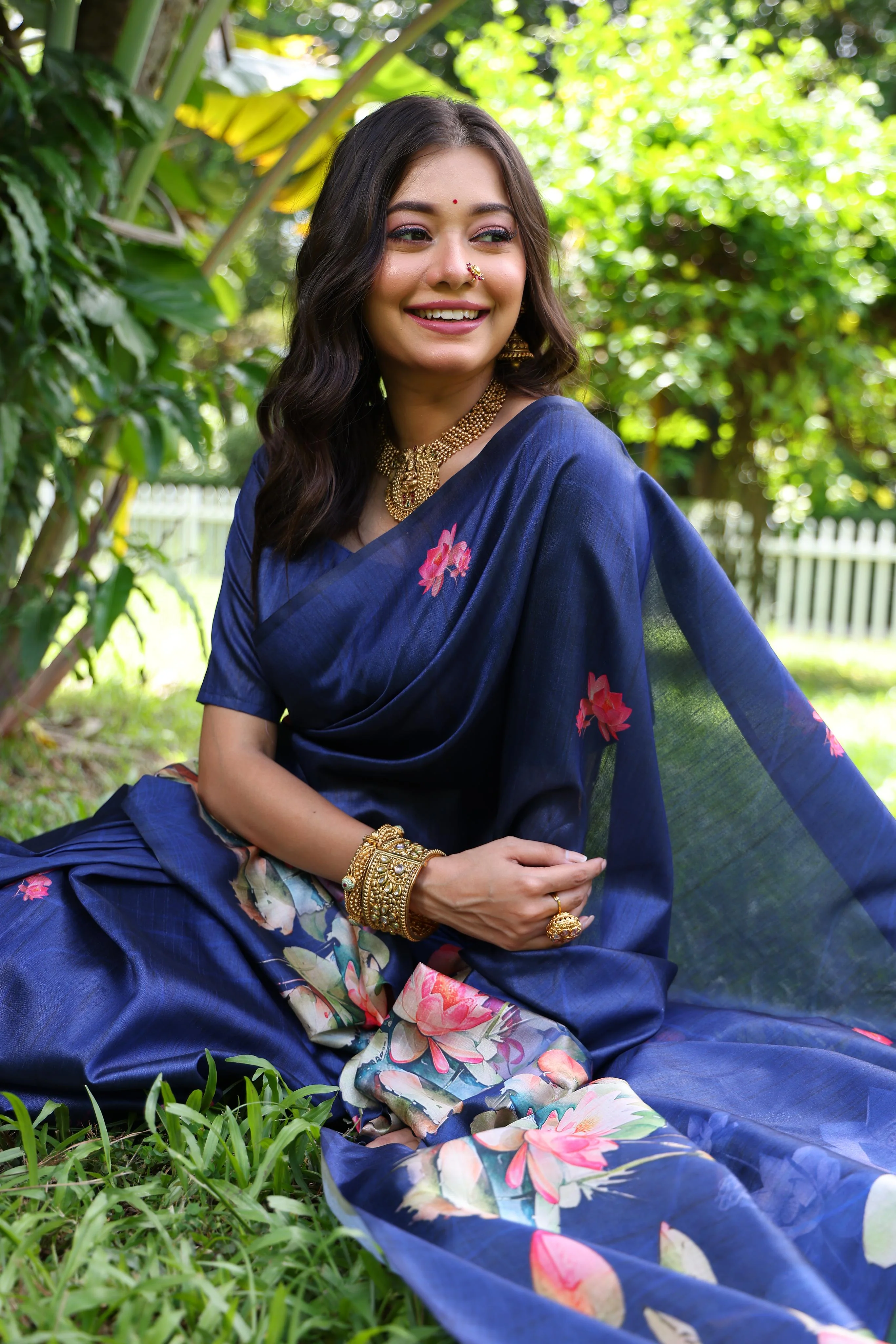 Jyoti Fashion Women's Blue Soft Tussar Silk Floral Printed Saree with Blouse - Image 4