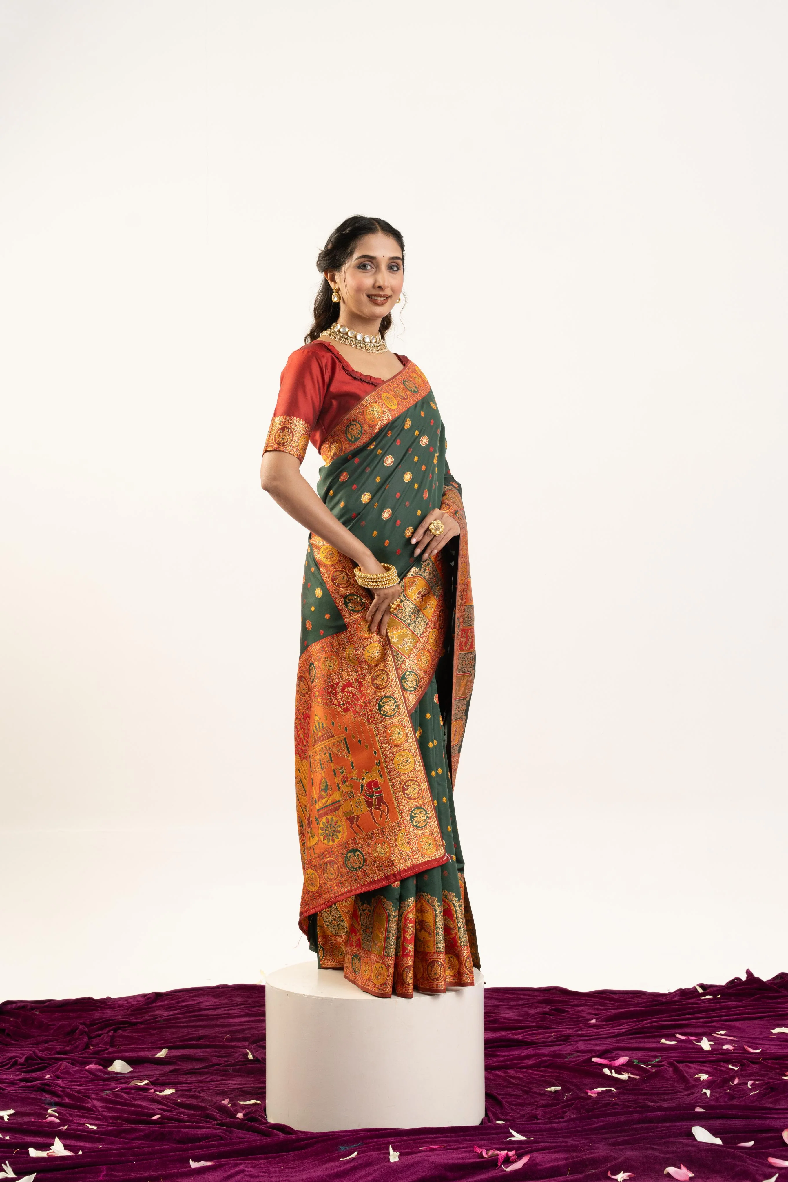 Jyoti Fashion Women's Bottle Green Banarasi Pashmina Soft Silk Zari Woven Saree with Blouse - Image 3