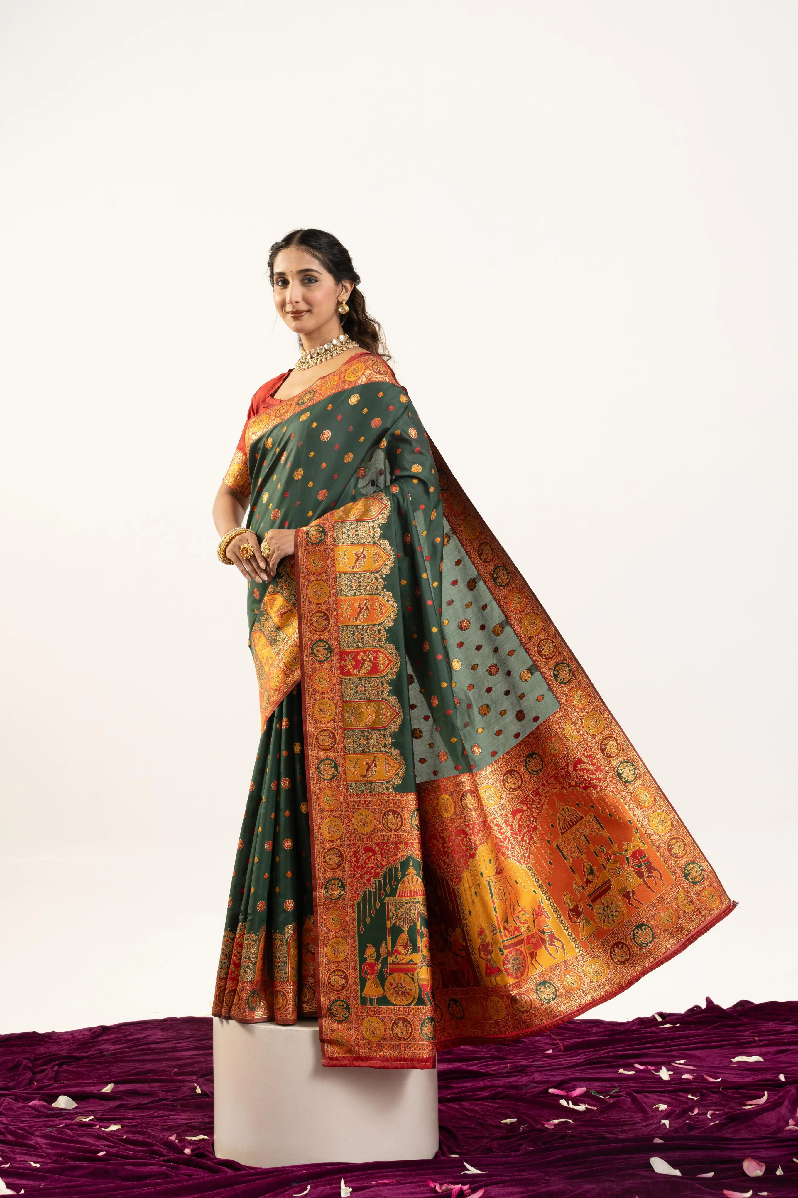Jyoti Fashion Women's Bottle Green Banarasi Pashmina Soft Silk Zari Woven Saree with Blouse - Image 4