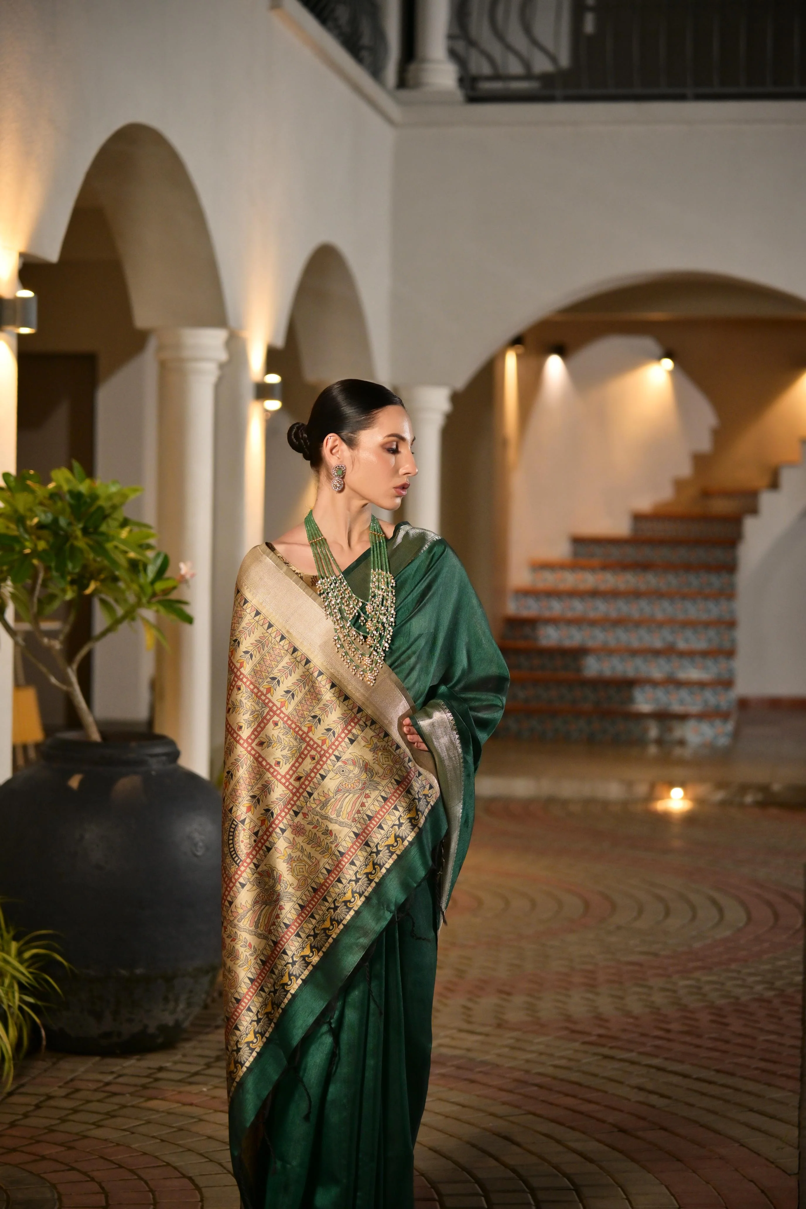 Jyoti Fashion Women's Bottle Green Soft Khadi Raw Silk Zari Woven Saree with Blouse - Image 4