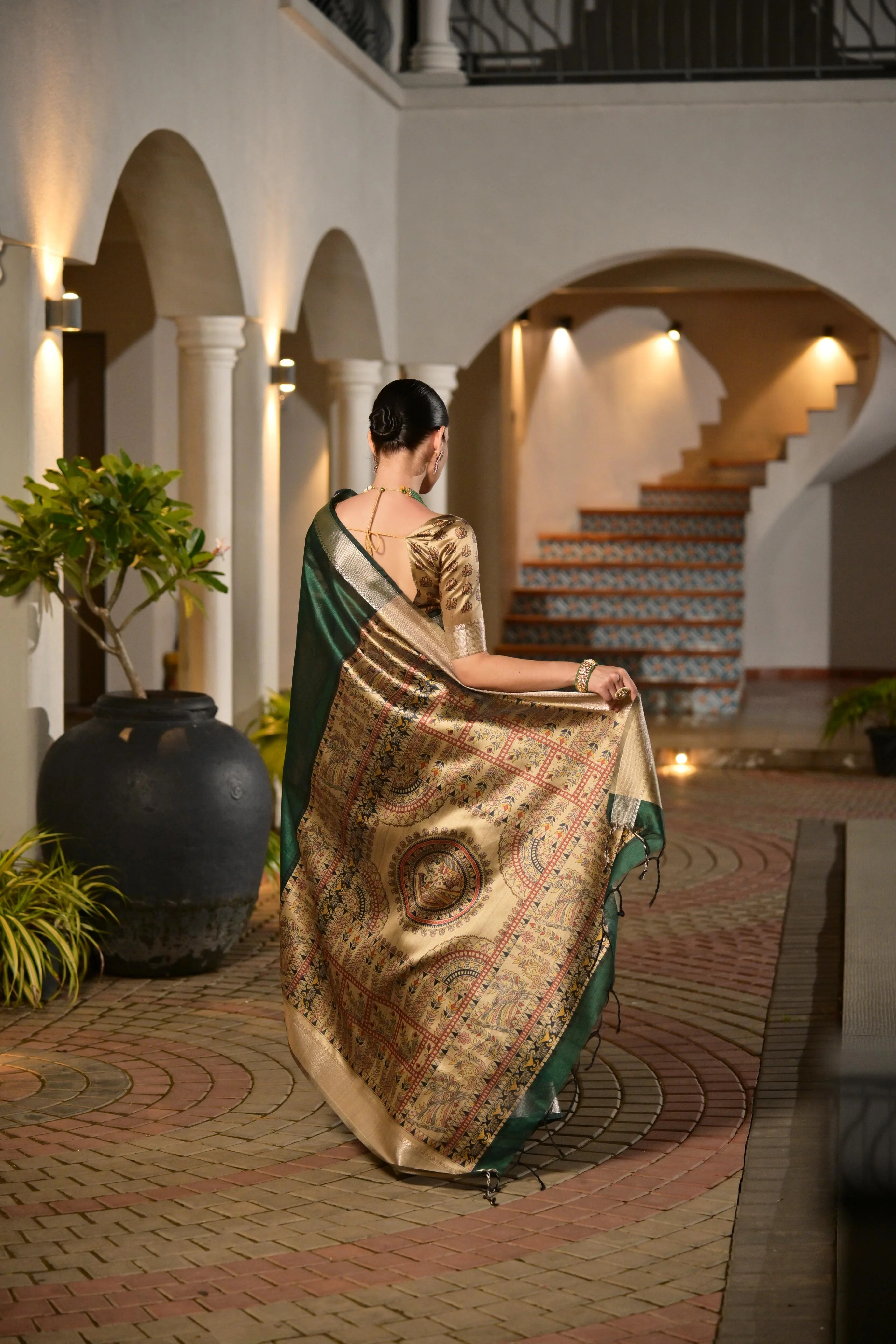Jyoti Fashion Women's Bottle Green Soft Khadi Raw Silk Zari Woven Saree with Blouse - Image 5