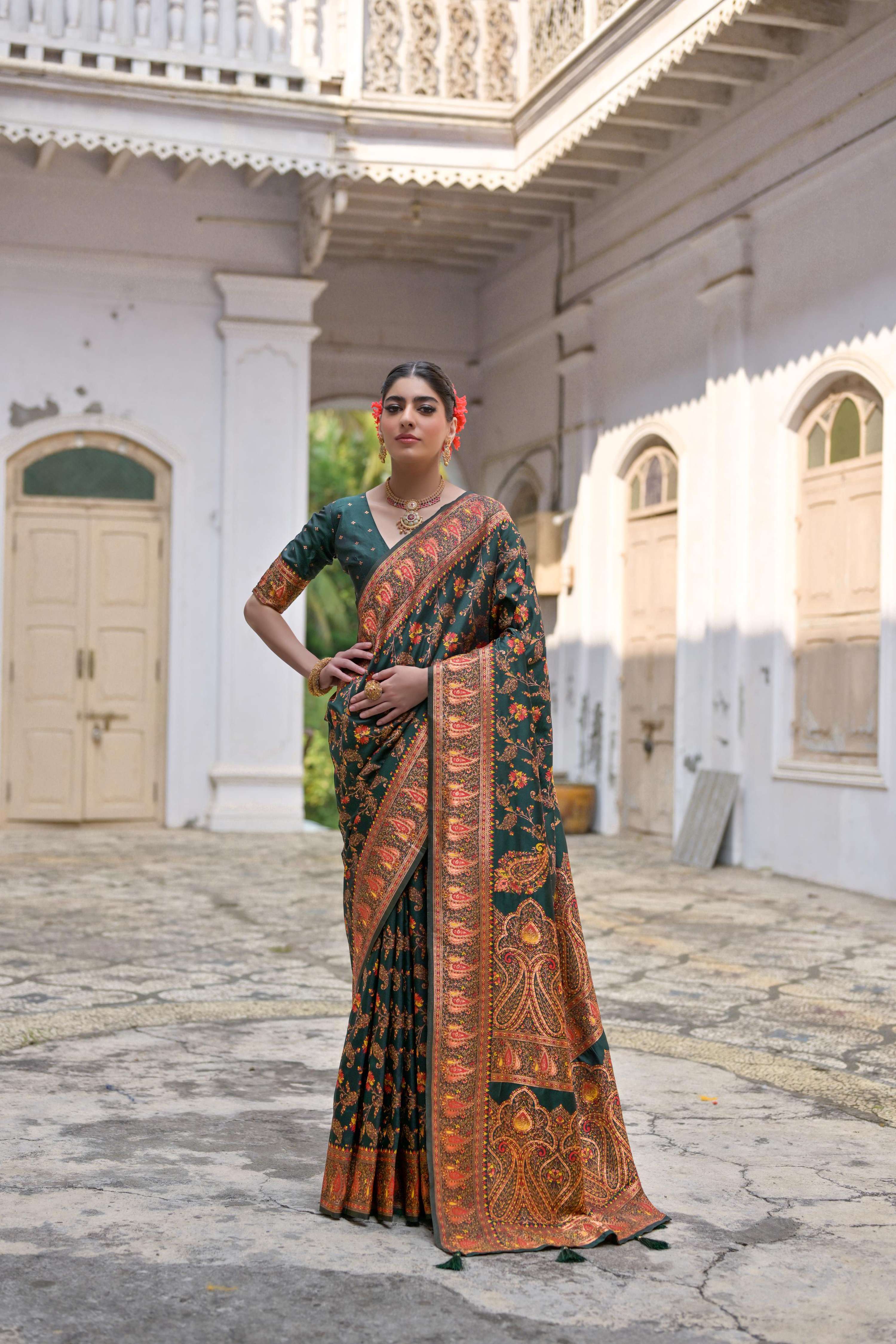 Jyoti Fashion Women's Bottle Green Soft Pashmina Silk Meena Zari Woven Saree with Blouse