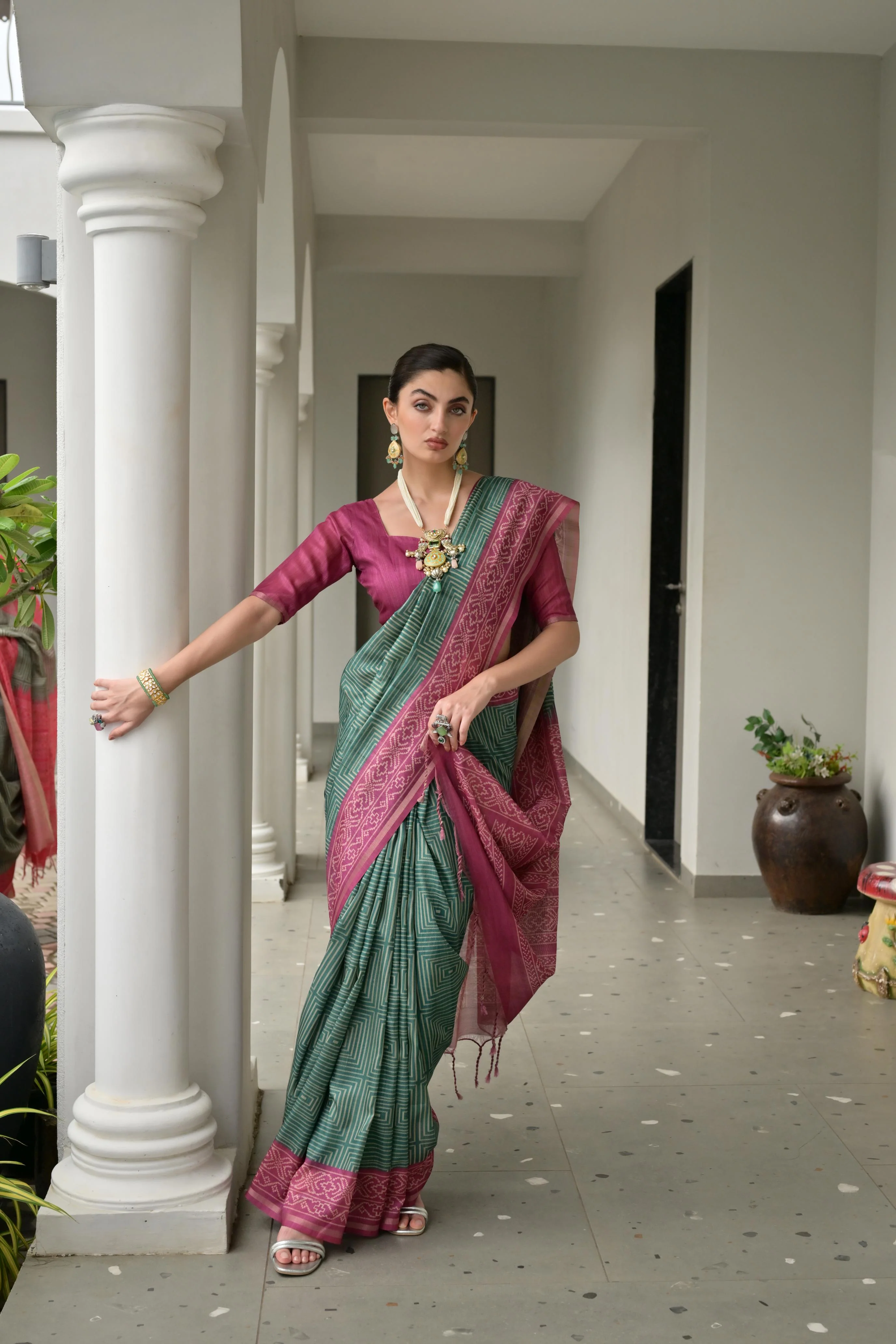 Jyoti Fashion Women's Bottle Green Soft Tussar Silk Ikkat Printed Saree with Blouse