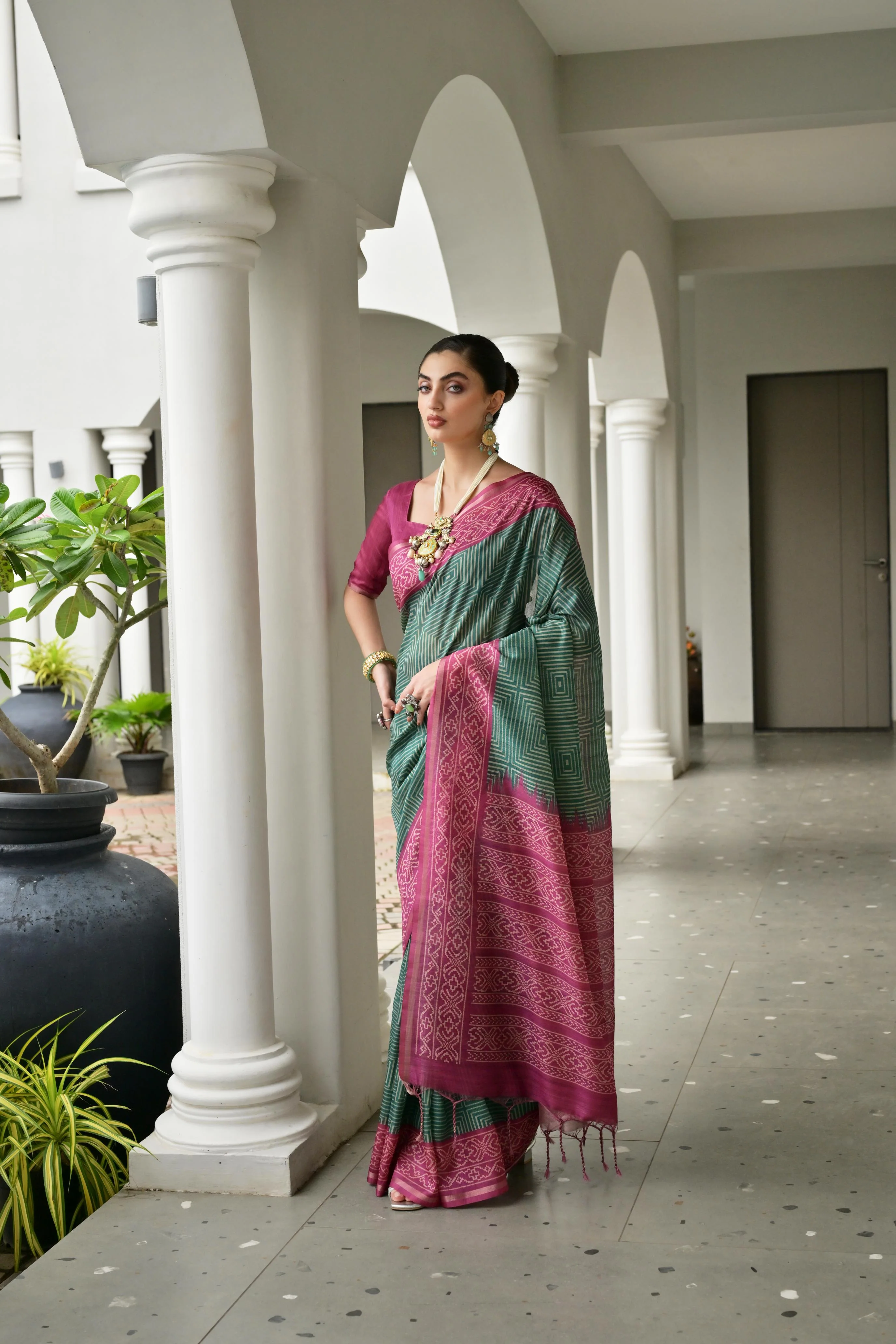 Jyoti Fashion Women's Bottle Green Soft Tussar Silk Ikkat Printed Saree with Blouse - Image 2