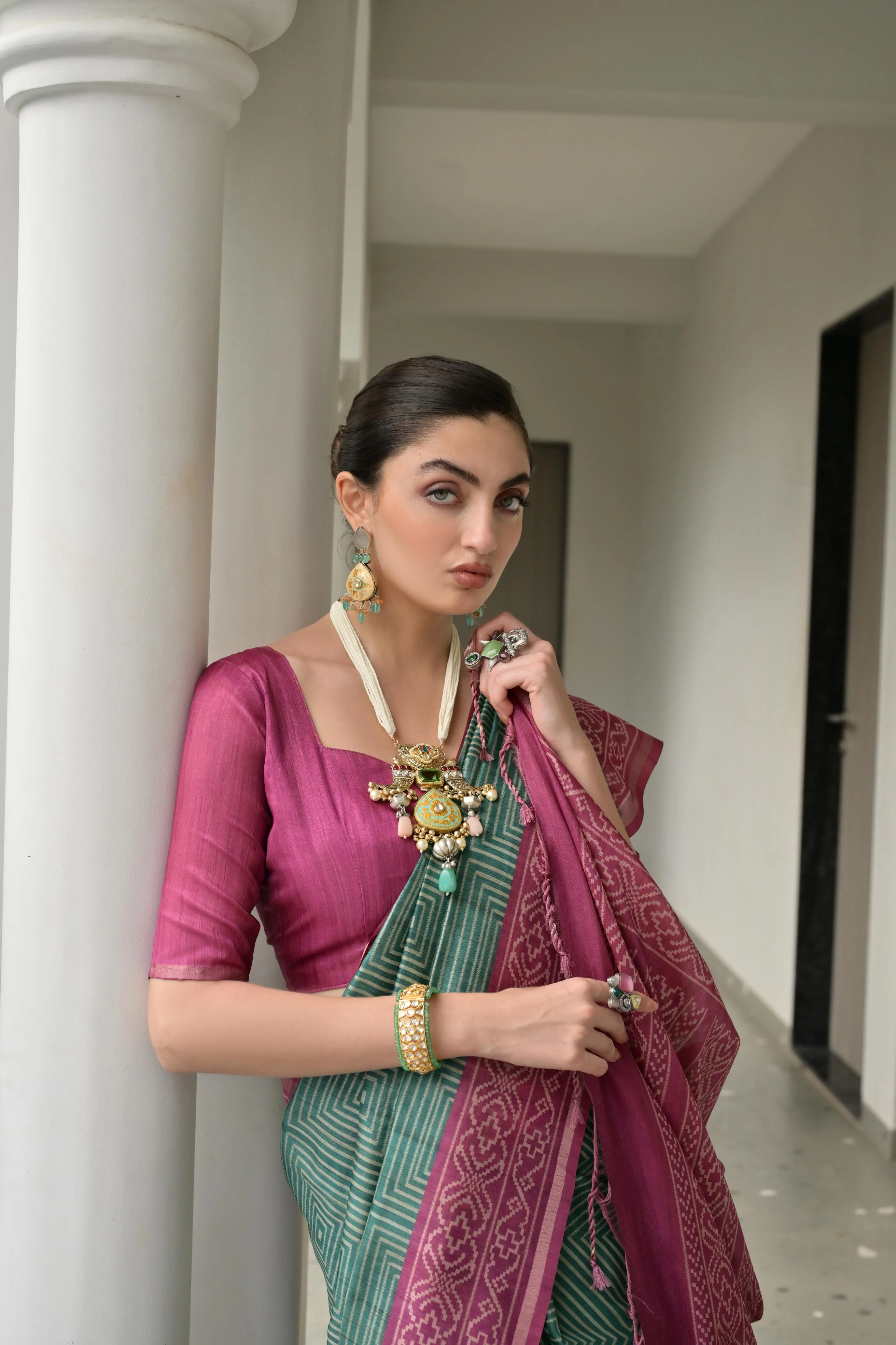 Jyoti Fashion Women's Bottle Green Soft Tussar Silk Ikkat Printed Saree with Blouse - Image 3