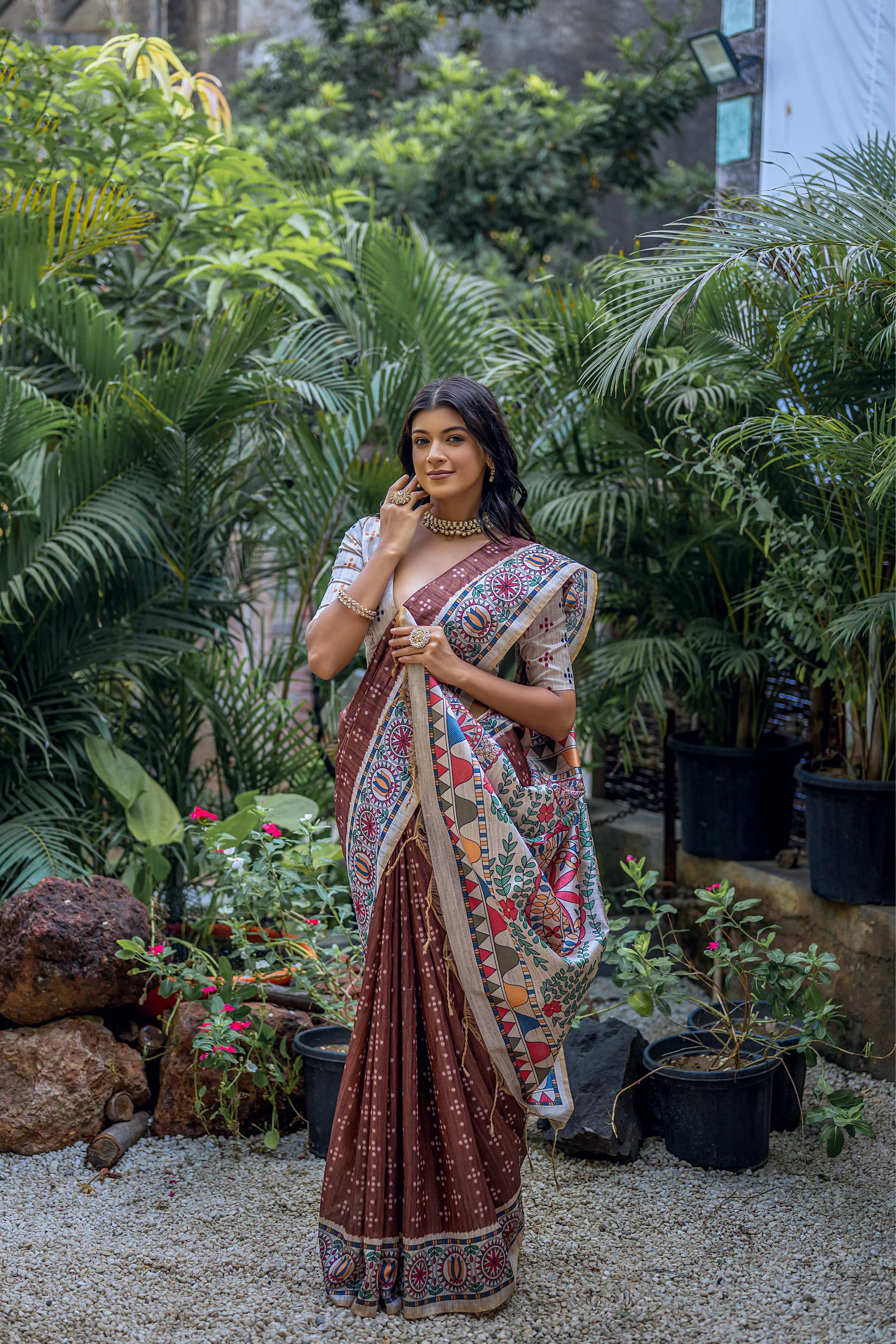 Jyoti Fashion Women's Brown Soft Tussar Silk Madhubani Printed Saree with Blouse