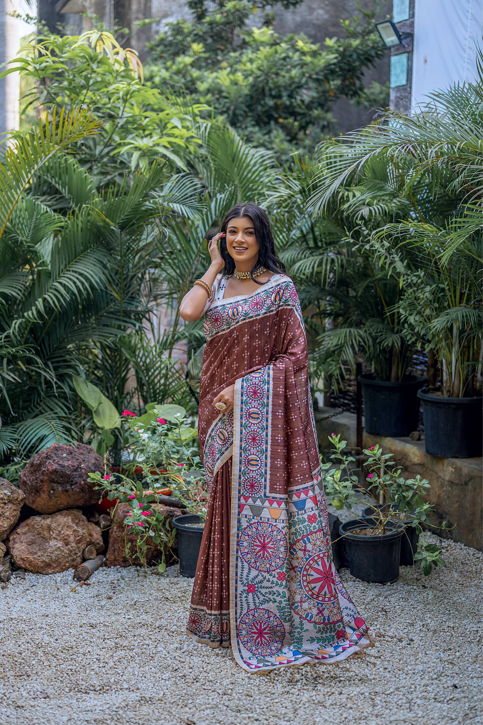 Jyoti Fashion Women's Brown Soft Tussar Silk Madhubani Printed Saree with Blouse - Image 2