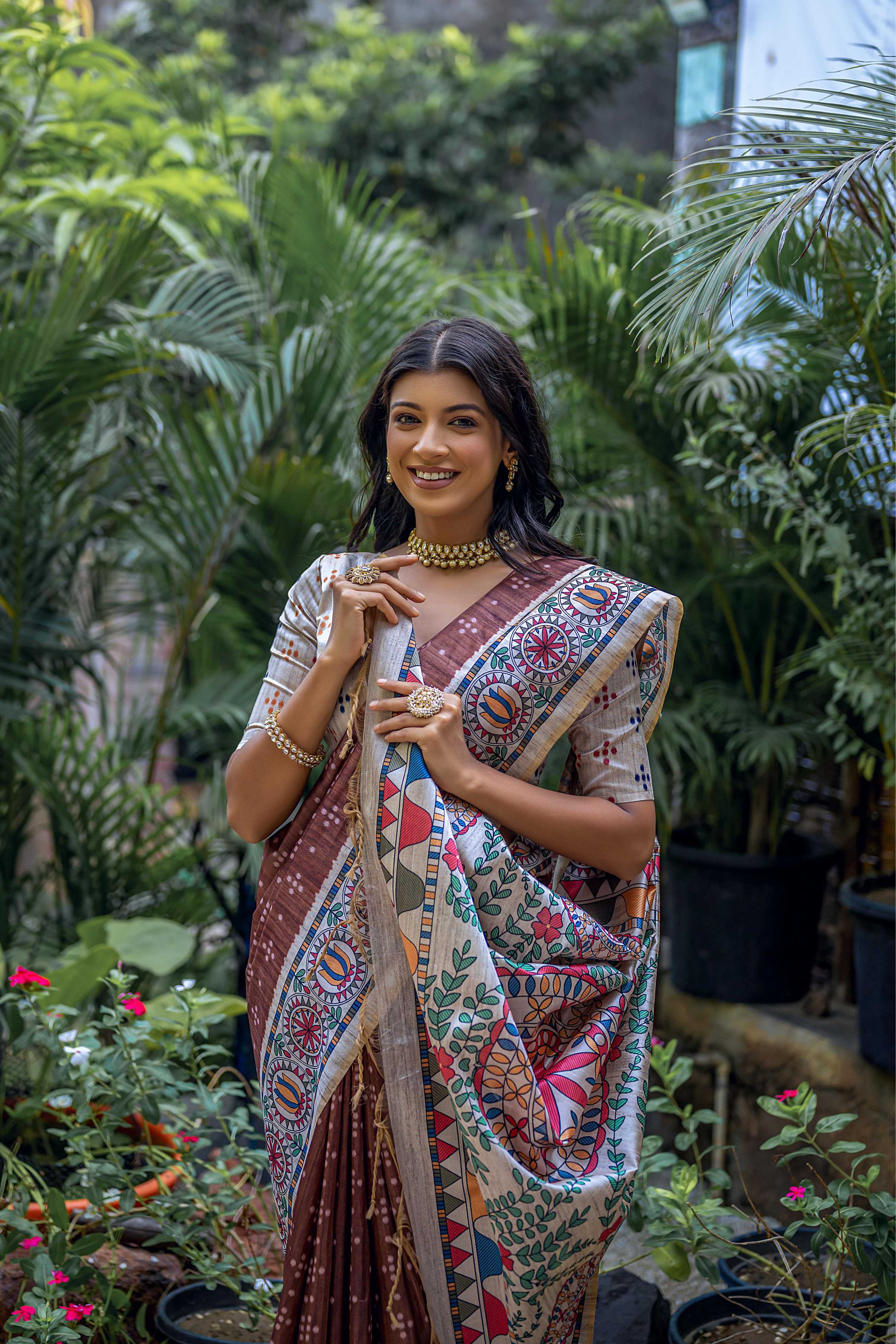 Jyoti Fashion Women's Brown Soft Tussar Silk Madhubani Printed Saree with Blouse - Image 3