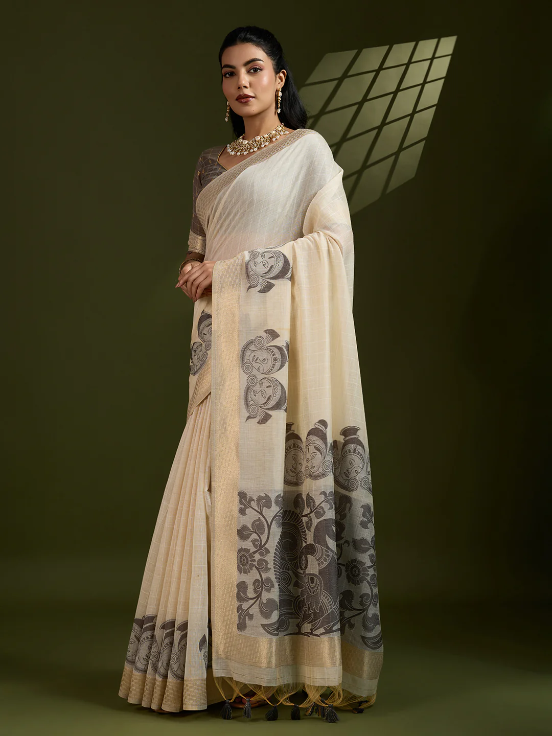 Jyoti Fashion Women's Coffee Soft Muga Cotton Kalamkari Woven Saree with Blouse - Image 2