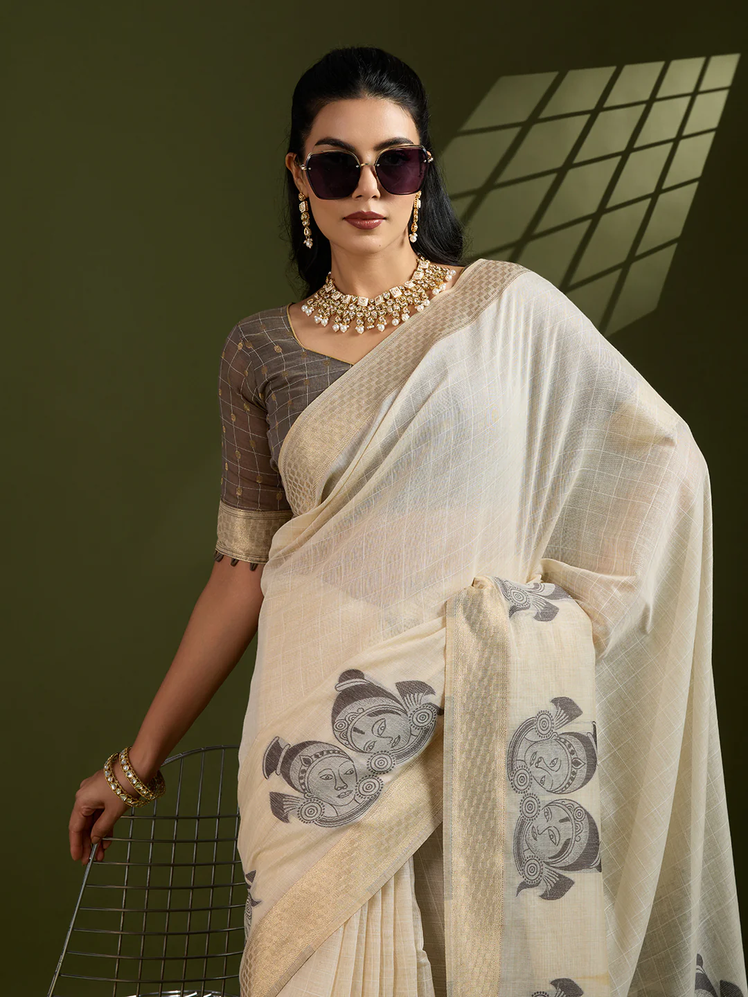 Jyoti Fashion Women's Coffee Soft Muga Cotton Kalamkari Woven Saree with Blouse - Image 4