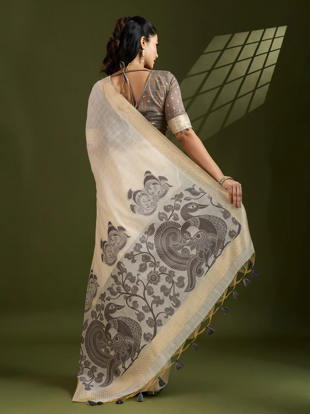 Jyoti Fashion Women's Coffee Soft Muga Cotton Kalamkari Woven Saree with Blouse - Image 5