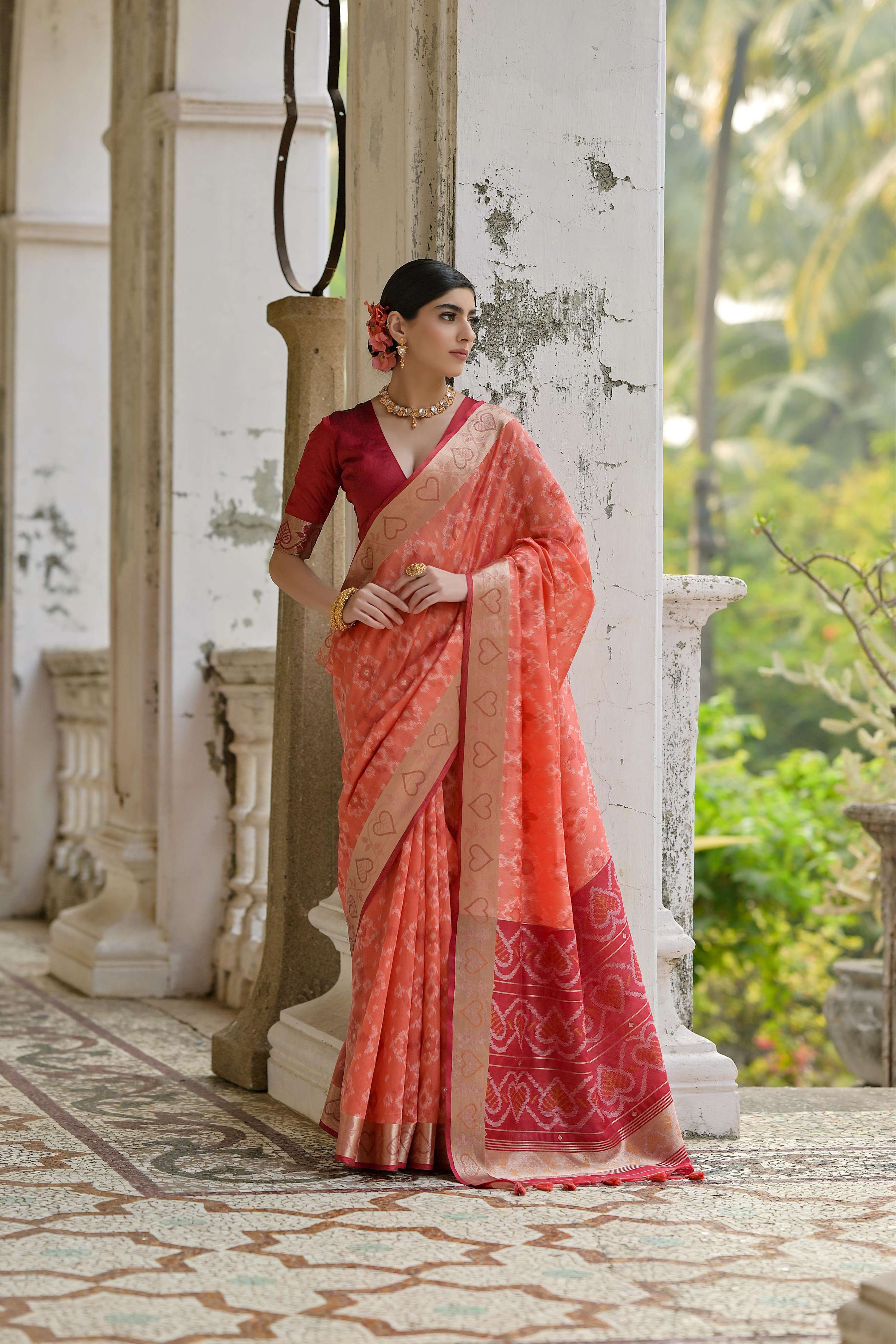 Jyoti Fashion Women's Coral Soft Raw Silk Zari Woven Saree with Blouse