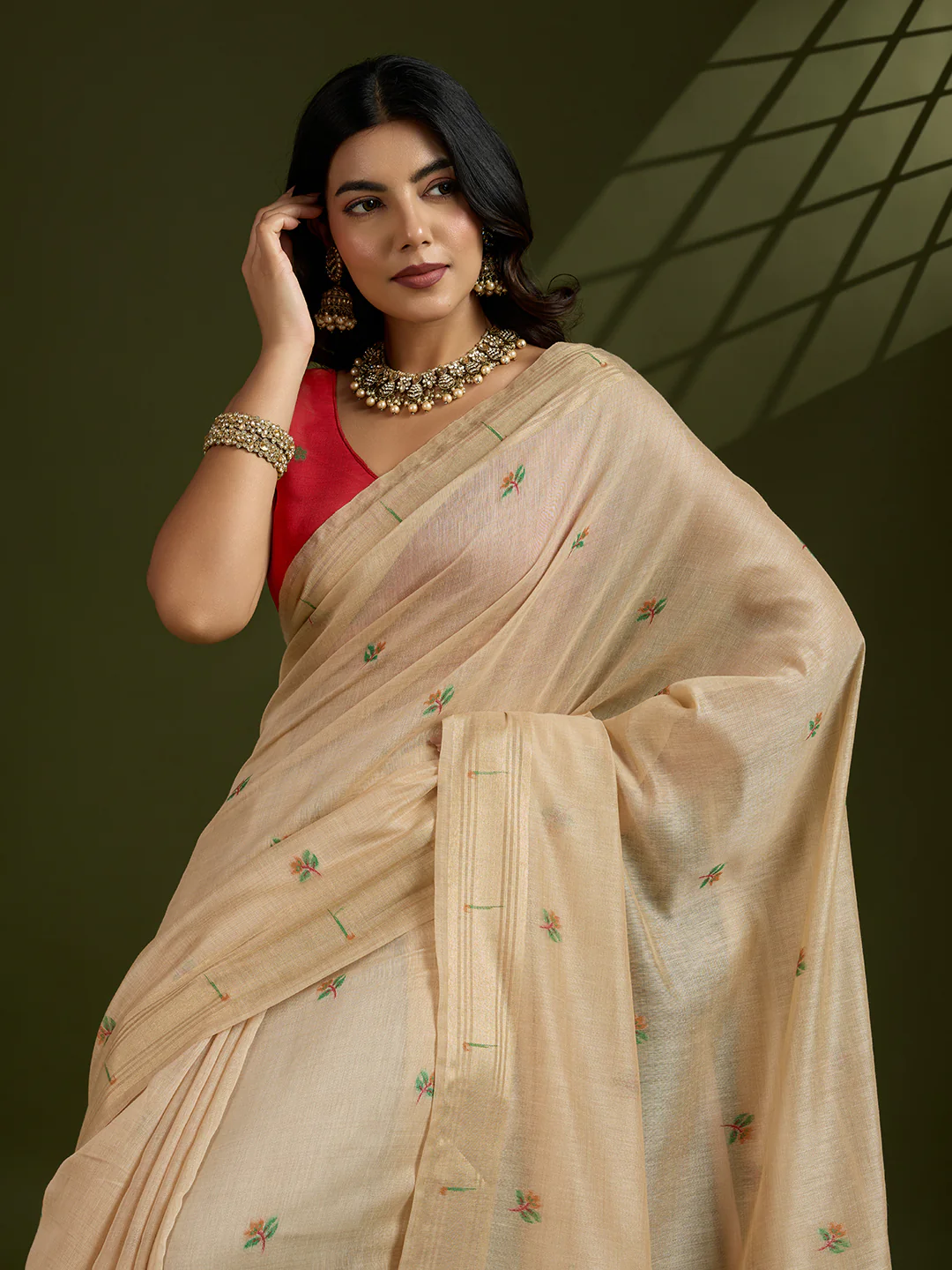 Jyoti Fashion Women's Cream Soft Muga Cotton Paithani Zari Woven Saree with Blouse - Image 2