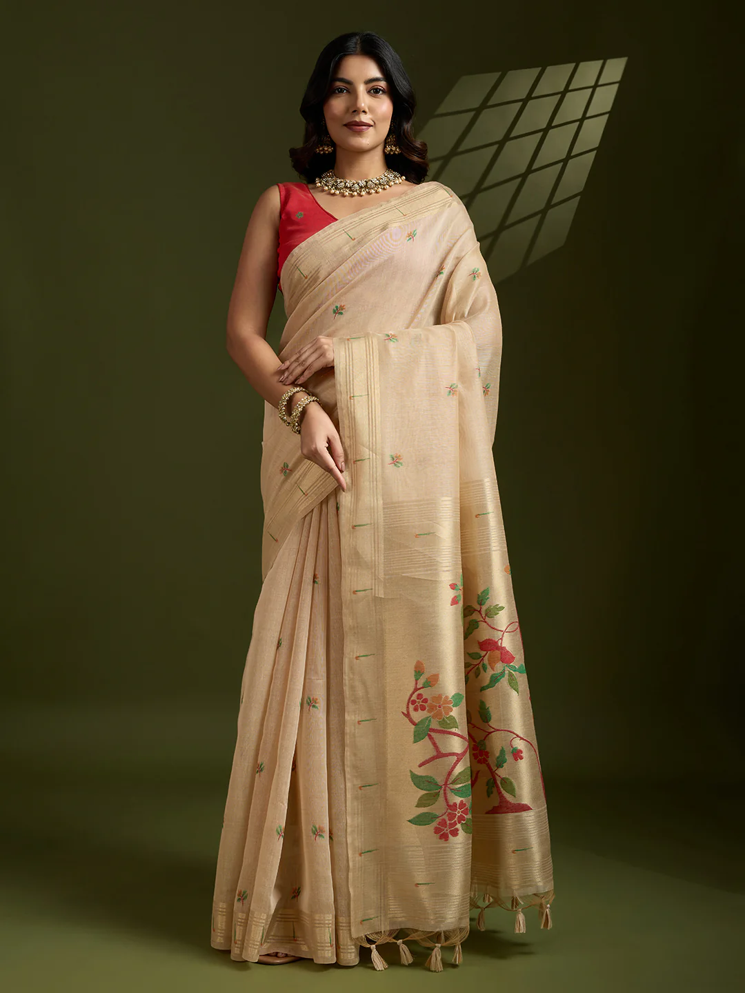 Jyoti Fashion Women's Cream Soft Muga Cotton Paithani Zari Woven Saree with Blouse - Image 3