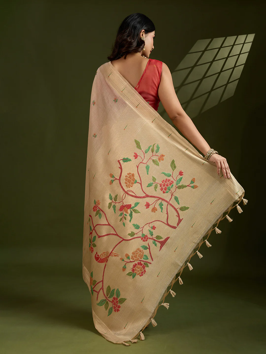 Jyoti Fashion Women's Cream Soft Muga Cotton Paithani Zari Woven Saree with Blouse - Image 5