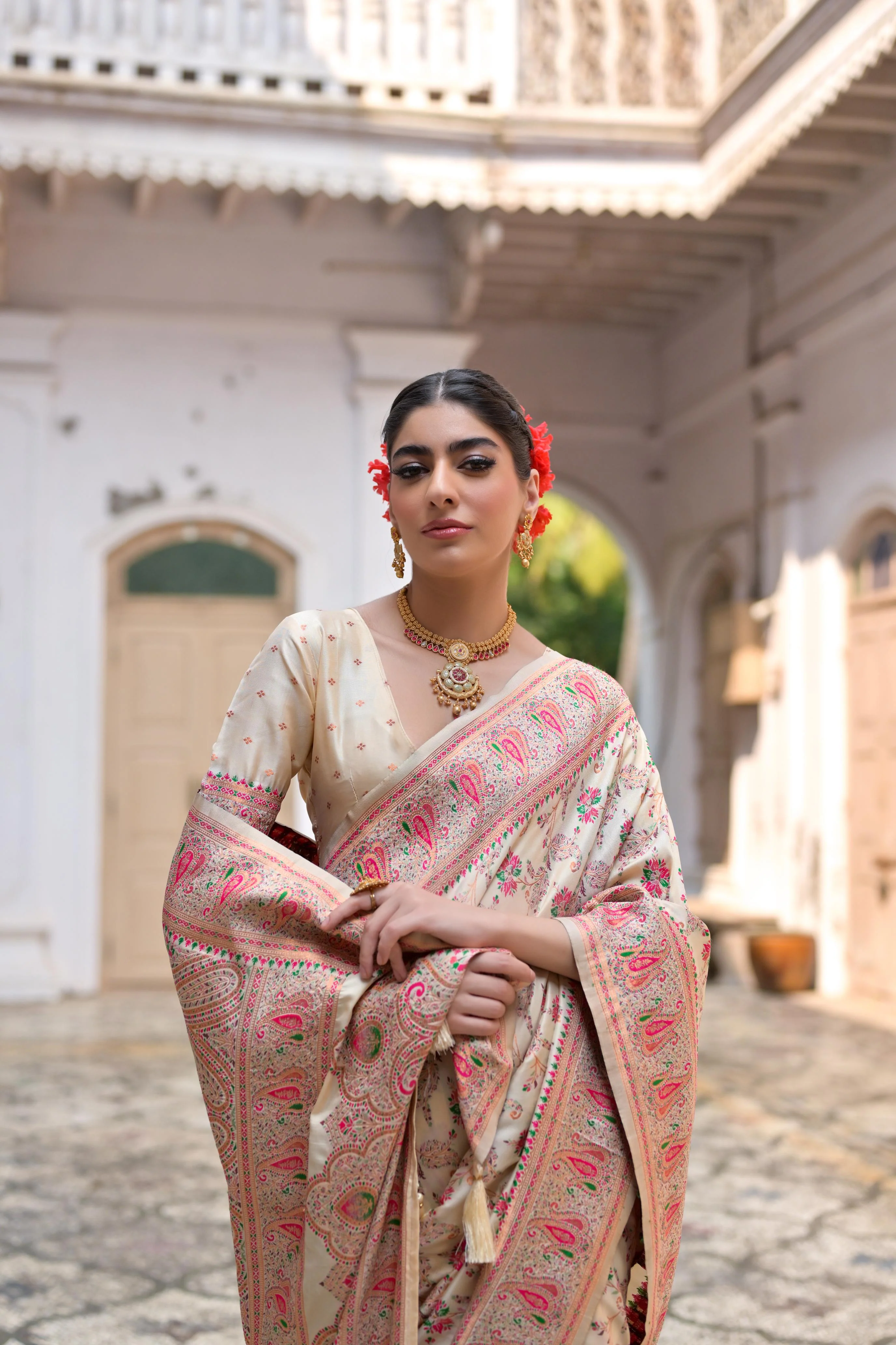 Jyoti Fashion Women's Cream Soft Pashmina Silk Meena Zari Woven Saree with Blouse - Image 2