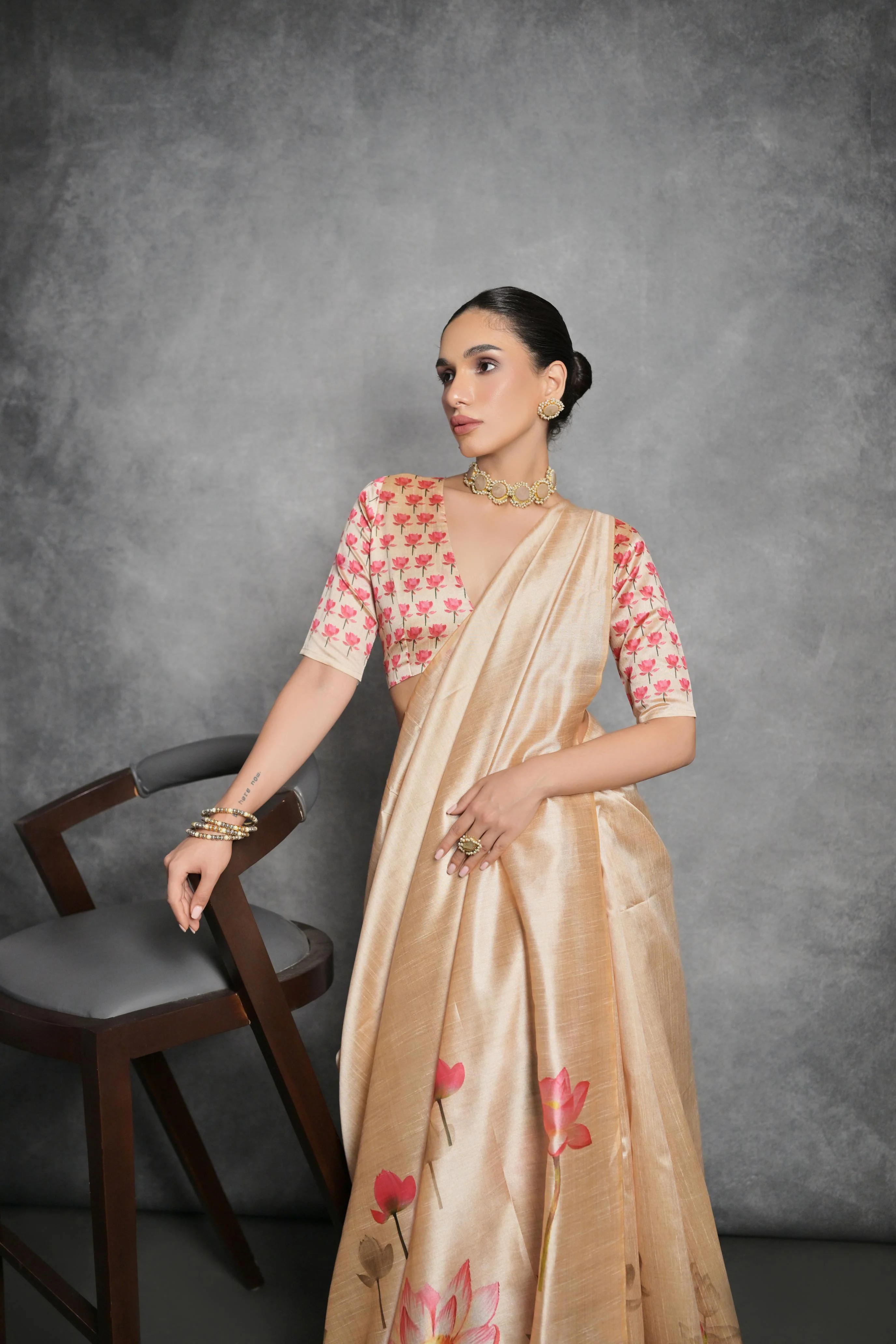 Jyoti Fashion Women's Cream Soft Tussar Silk Floral Printed Saree with Blouse - Image 4