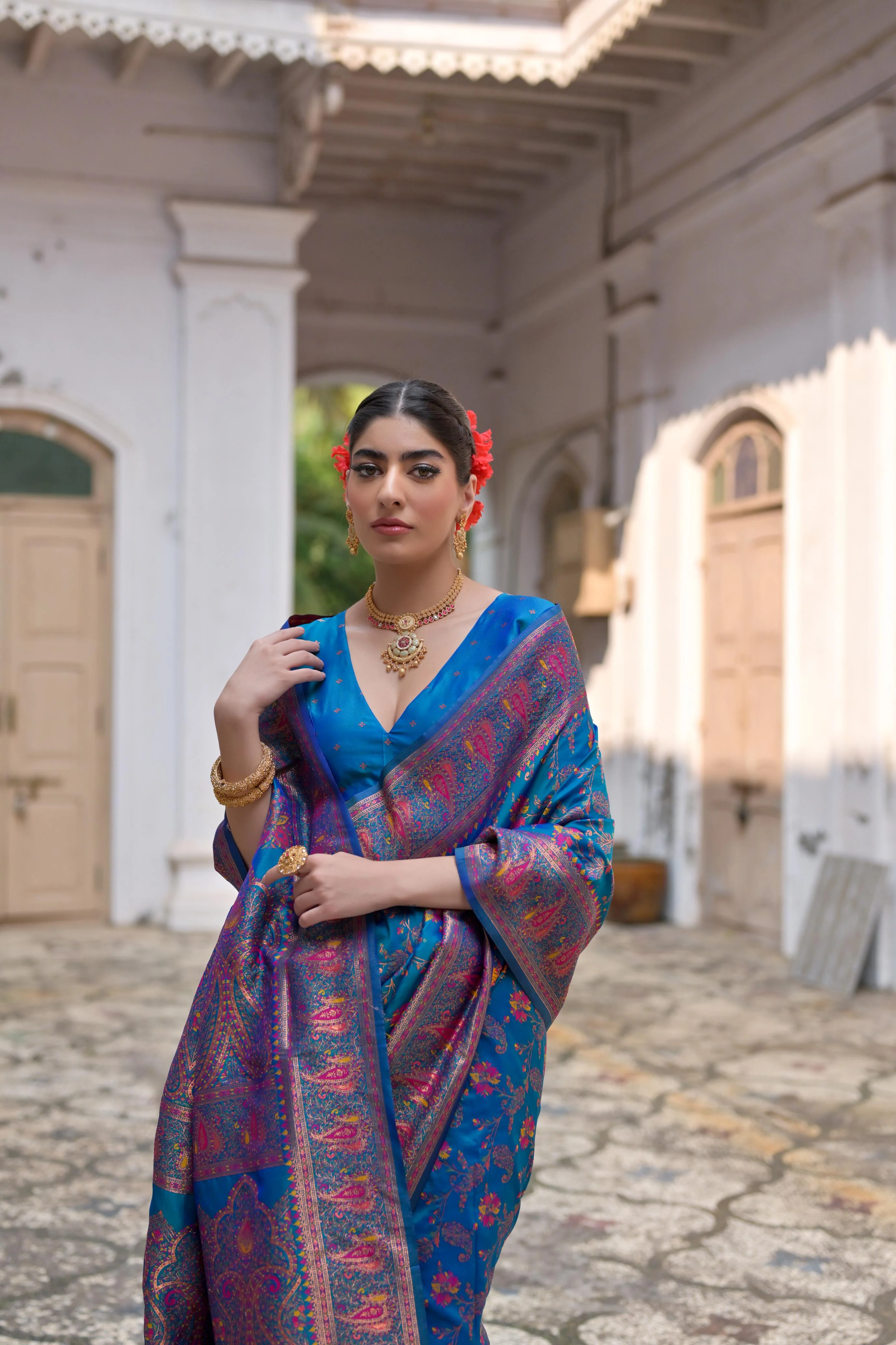 Jyoti Fashion Women's Firozi Soft Pashmina Silk Meena Zari Woven Saree with Blouse - Image 2