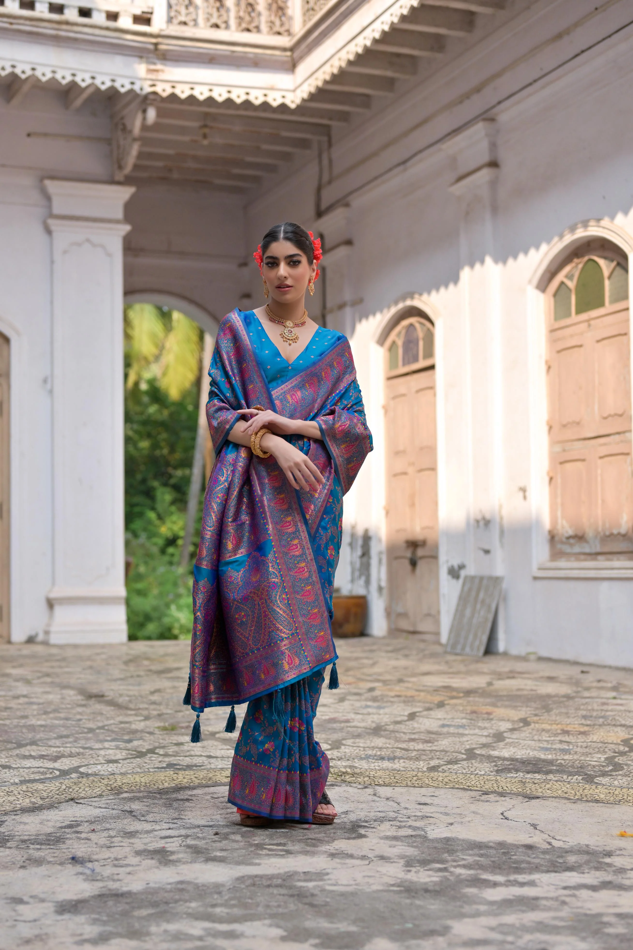 Jyoti Fashion Women's Firozi Soft Pashmina Silk Meena Zari Woven Saree with Blouse - Image 3