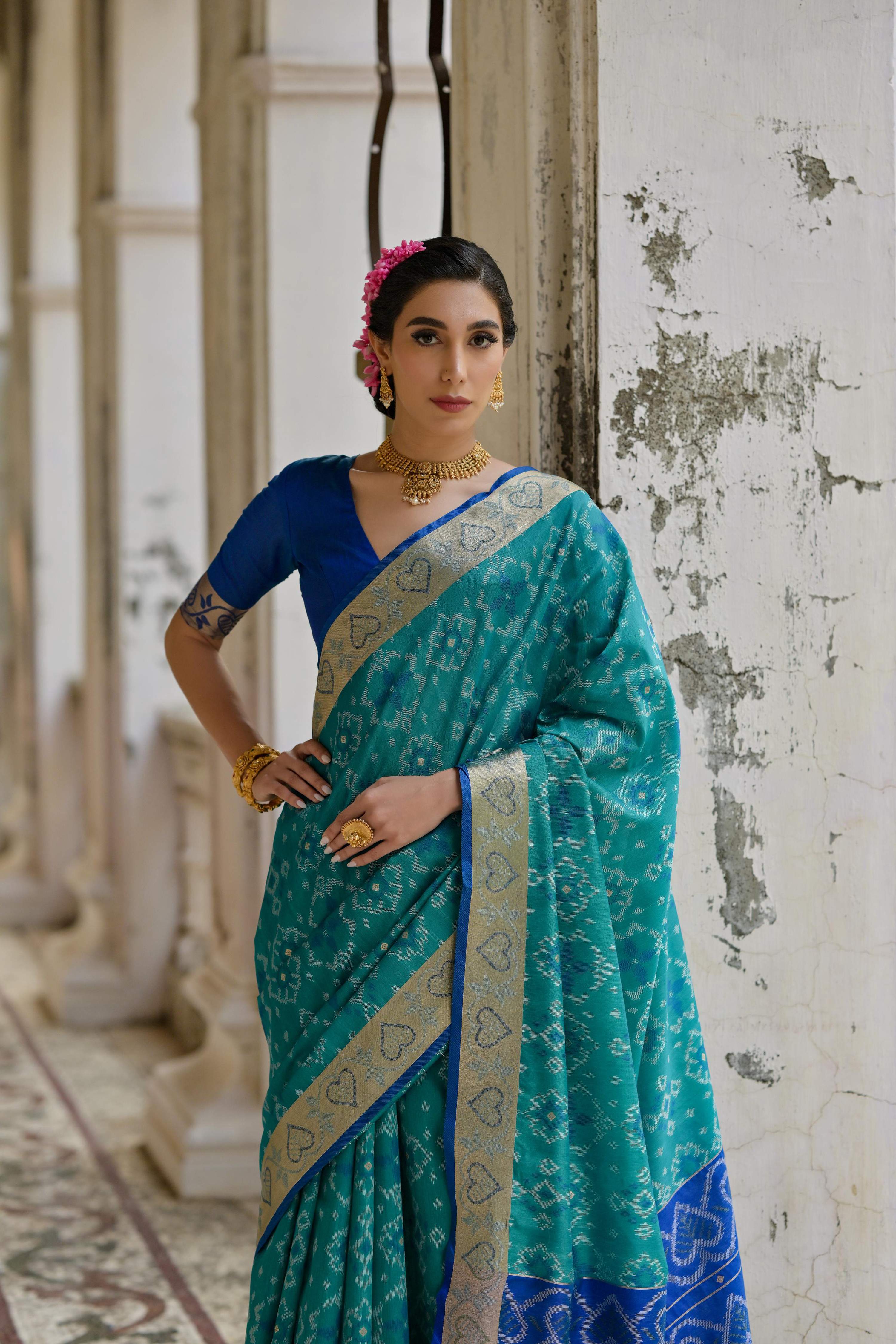 Jyoti Fashion Women's Firozi Soft Raw Silk Zari Woven Saree with Blouse - Image 2