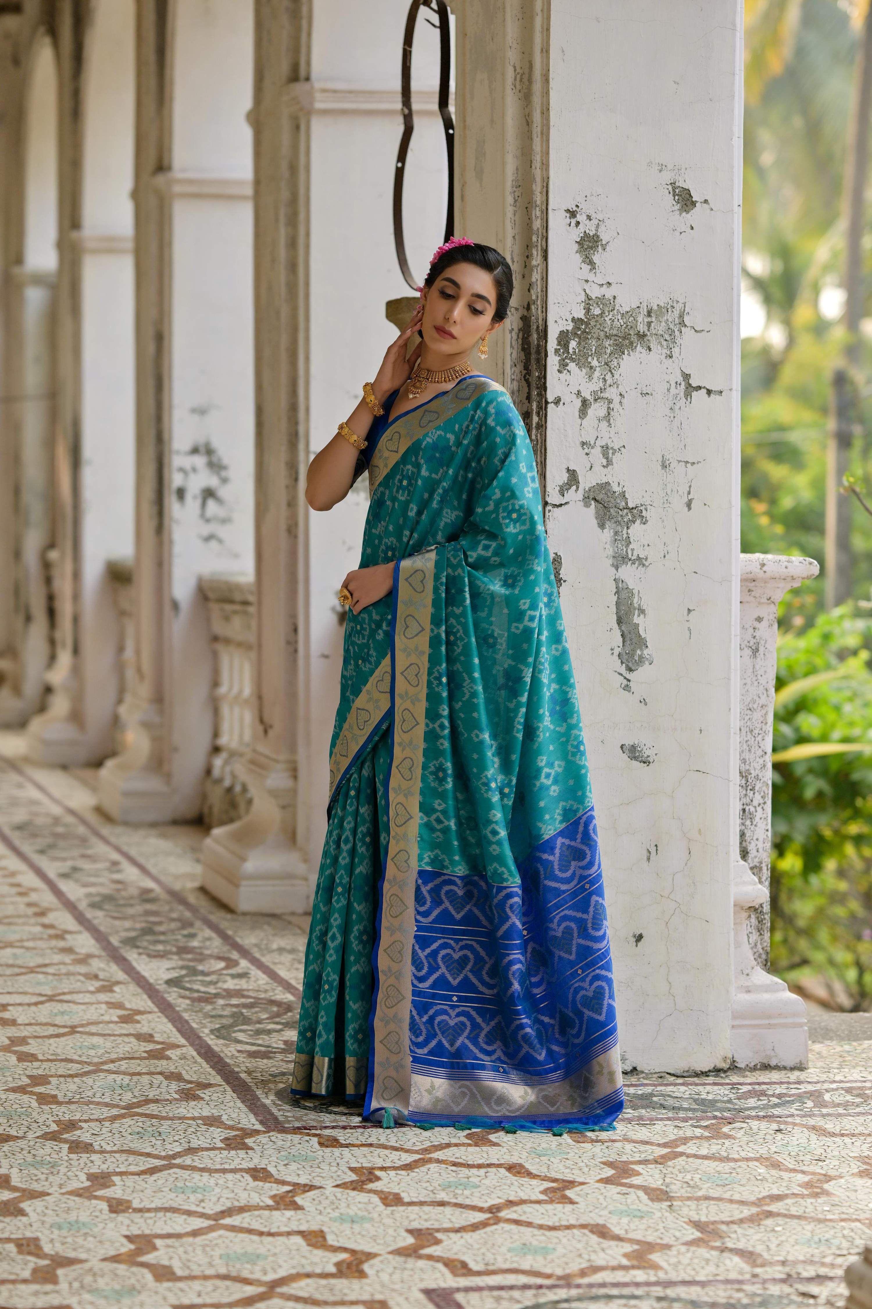Jyoti Fashion Women's Firozi Soft Raw Silk Zari Woven Saree with Blouse - Image 3